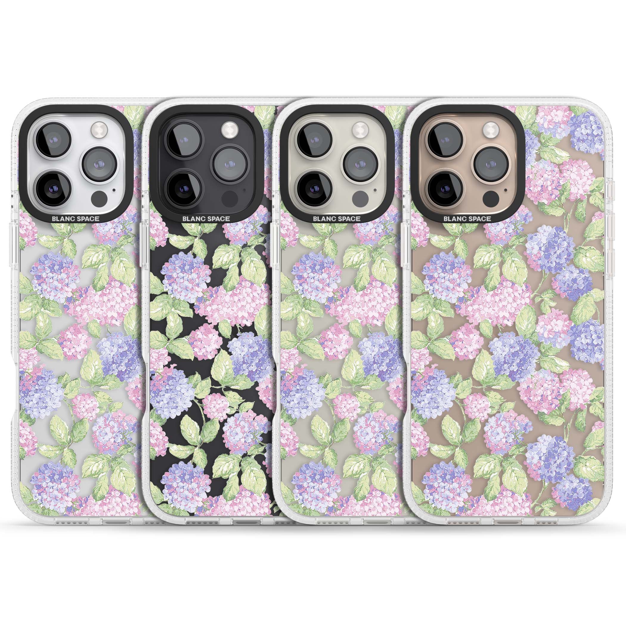 Cottage Hydrangea cottagecore iPhone case featuring pink and purple hydrangea blooms with green leaves on a clear background | Clear Case Impact Air case for iPhone 16 Pro, iPhone 16 Pro Max