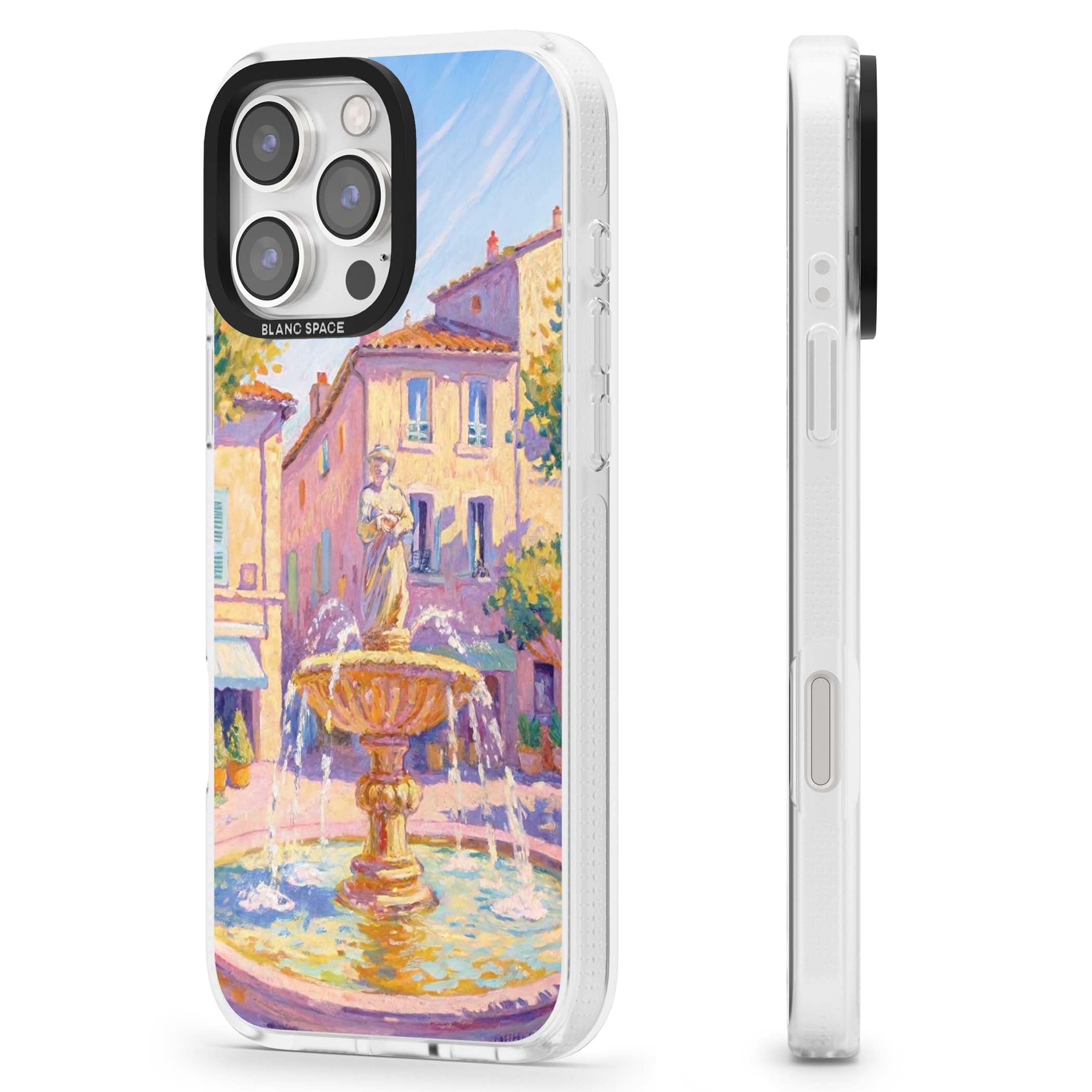 Fountain Square fine art iPhone case featuring an impressionist Provençal fountain, pastel village buildings and summe | Clear Case Impact Air case for iPhone 16 Pro, iPhone 16 Pro Max