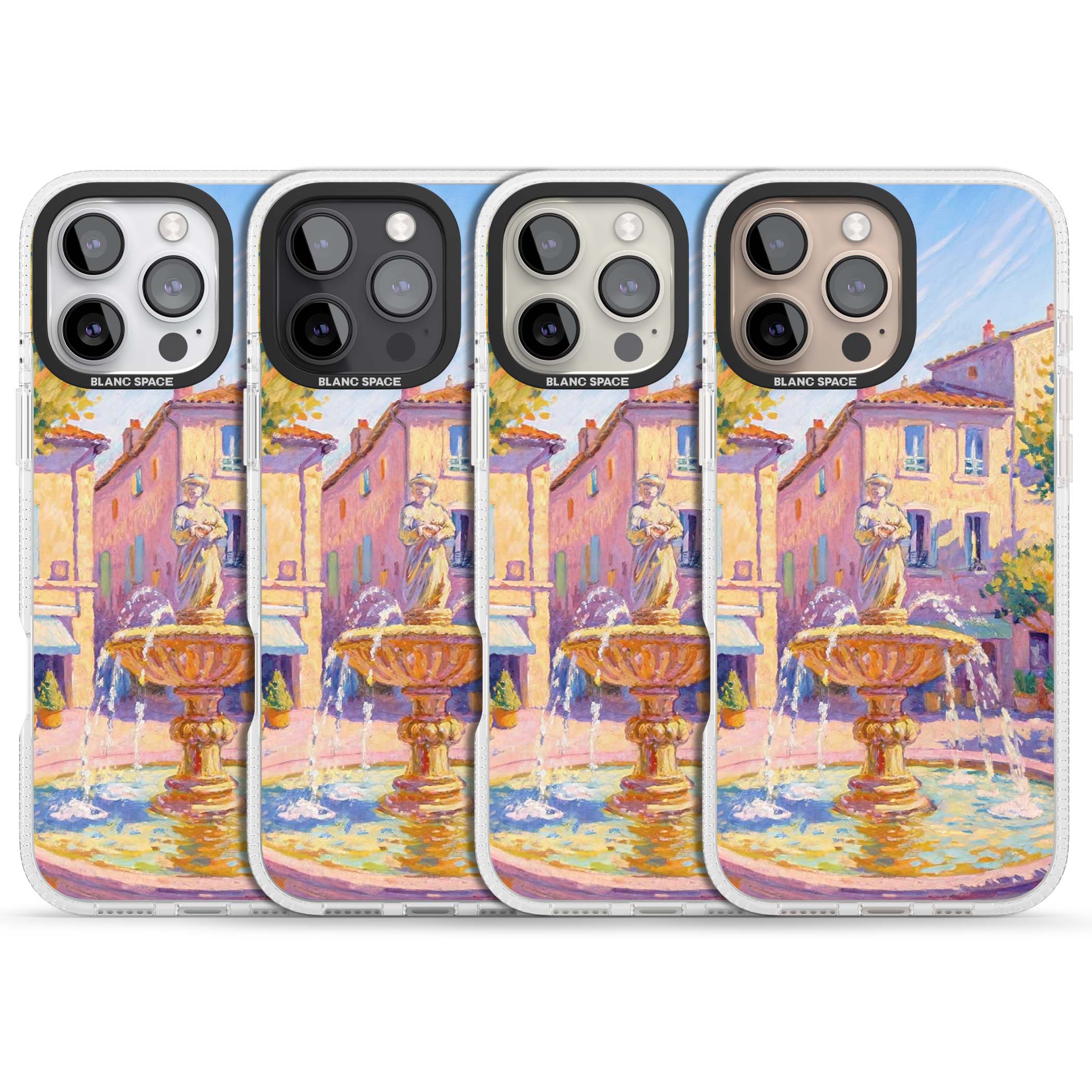 Fountain Square fine art iPhone case featuring an impressionist Provençal fountain, pastel village buildings and summe | Clear Case Impact Air case for iPhone 16 Pro, iPhone 16 Pro Max