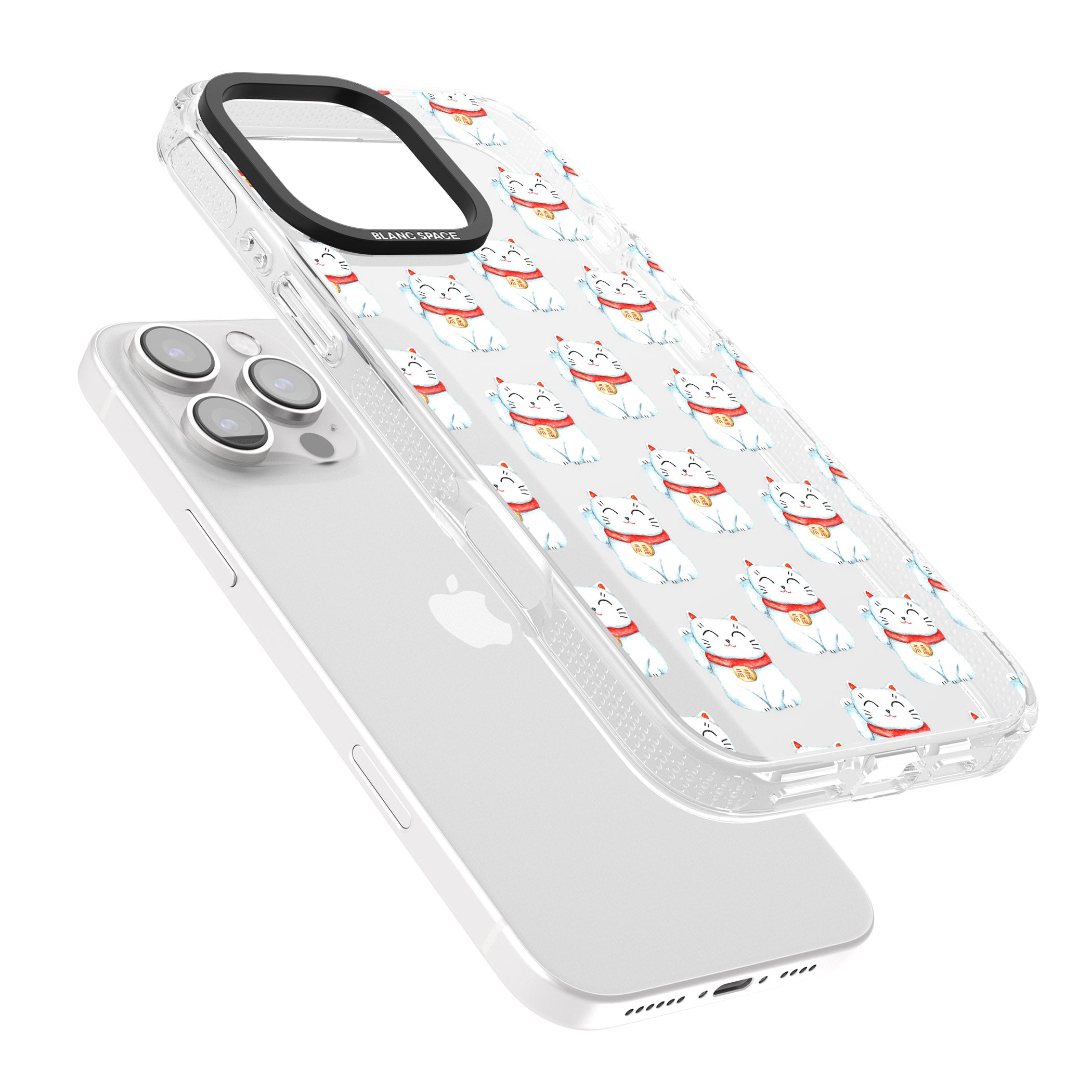 Lucky Cat Maneki-Neko Japanese Pattern iPhone 16 Pro Max / 16 Pro Clear Case Impact Air - Blanc Space