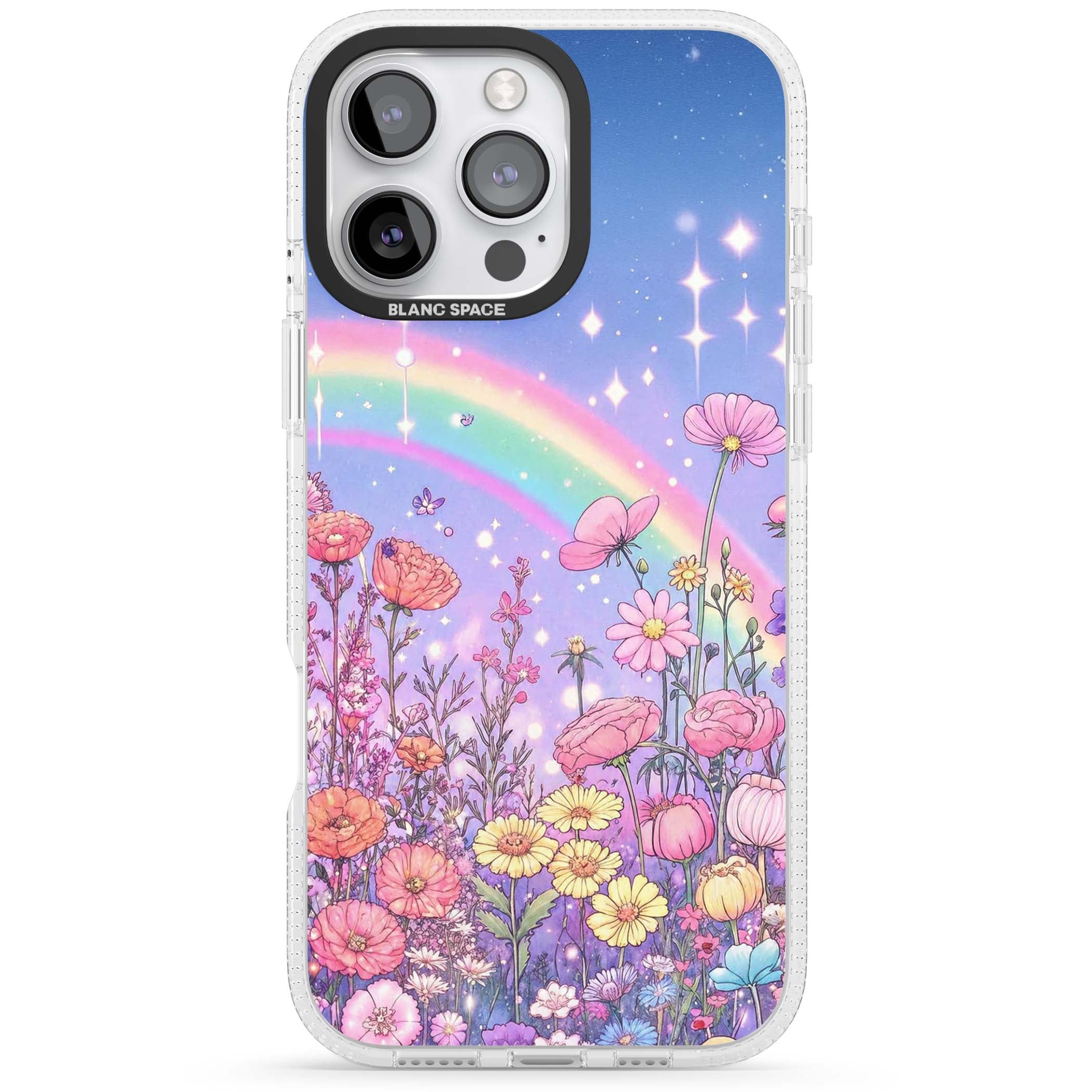 Magical Meadow fairycore iPhone case featuring a pastel rainbow, sparkling stars and a wildflower meadow | Clear Case Impact Air case for iPhone 16 Pro, iPhone 16 Pro Max