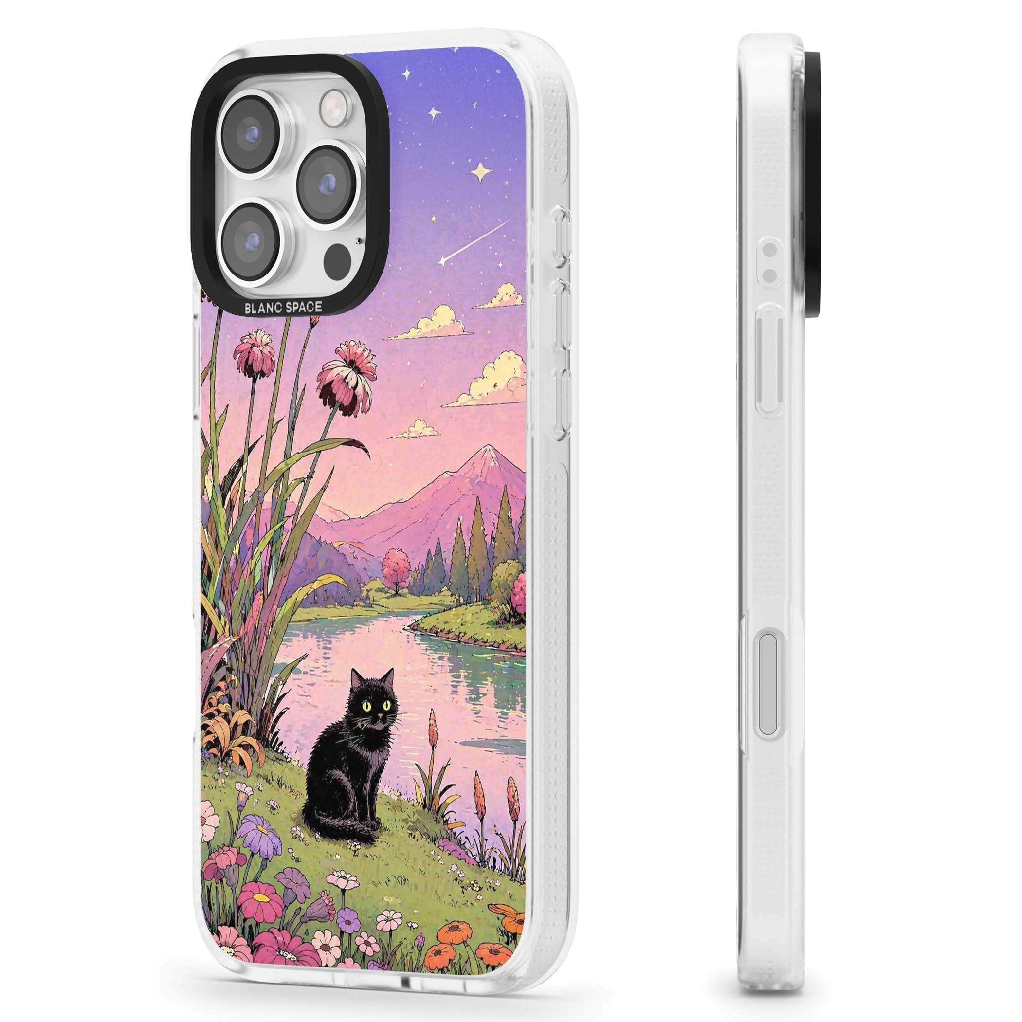 Mystic Whiskers ghibli iPhone case featuring a black cat by a pastel lake, wildflowers and a starry sunset sky | Clear Case Impact Air case for iPhone 16 Pro, iPhone 16 Pro Max