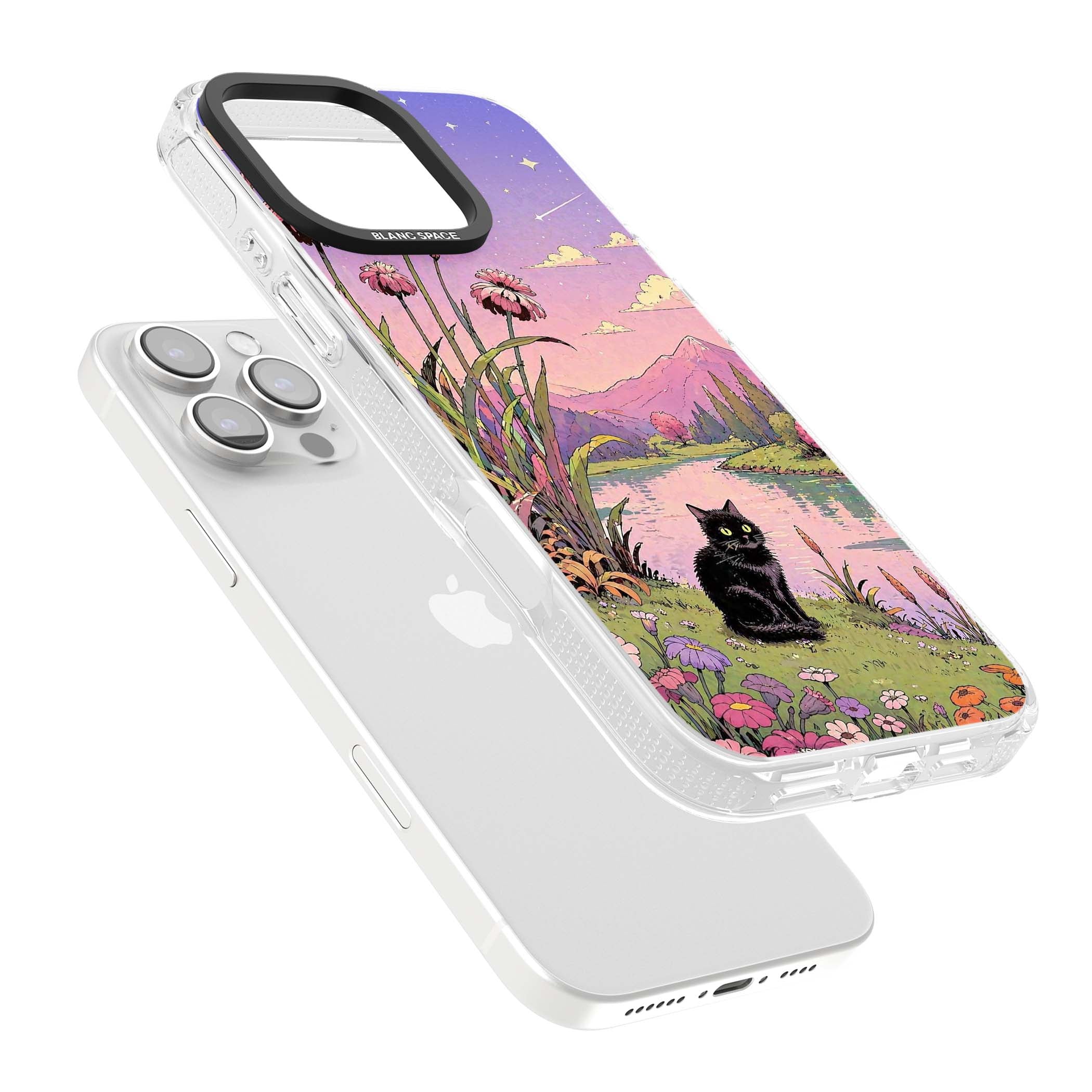 Mystic Whiskers ghibli iPhone case featuring a black cat by a pastel lake, wildflowers and a starry sunset sky | Clear Case Impact Air case for iPhone 16 Pro, iPhone 16 Pro Max