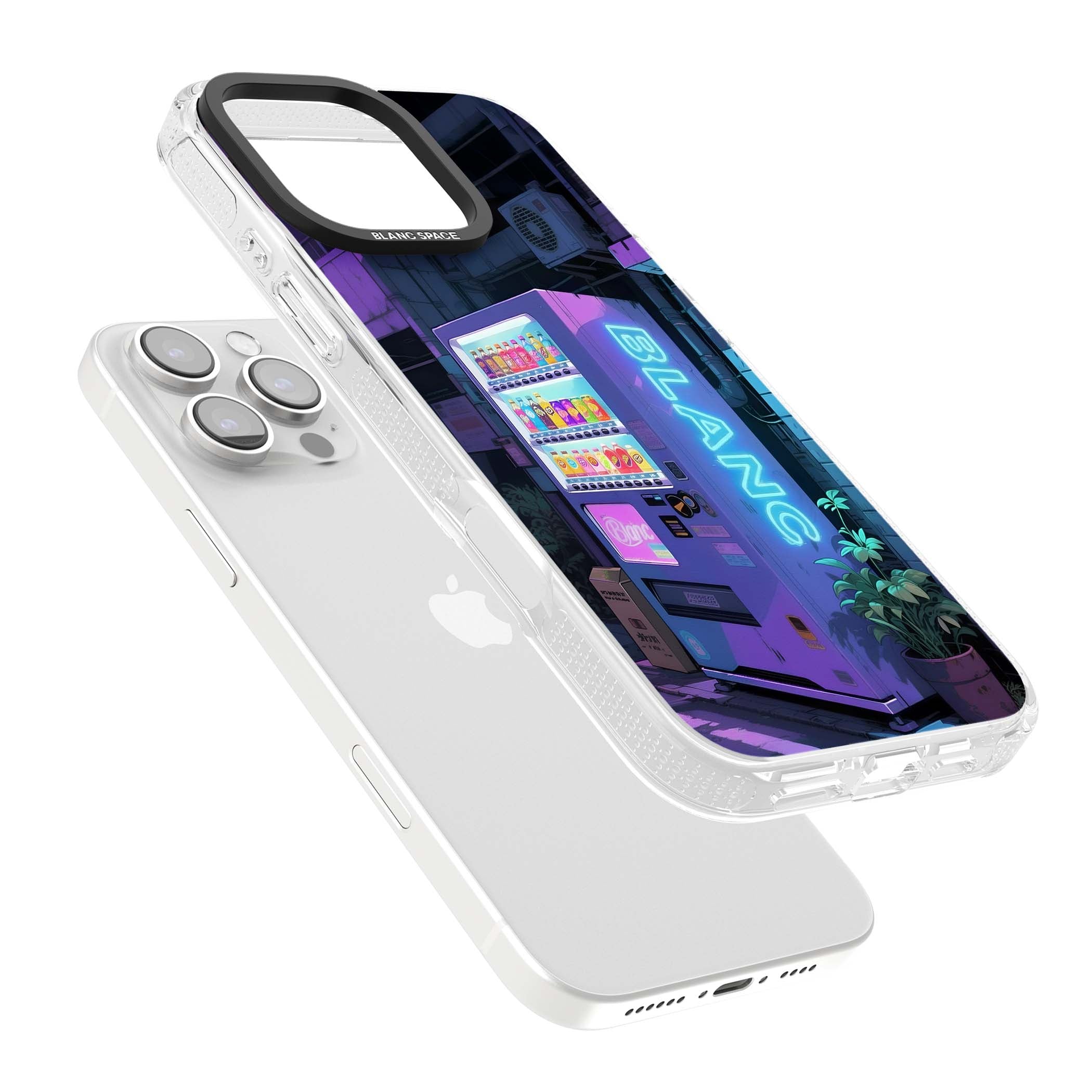 Shibuya Glow Japanese iPhone case featuring a glowing Tokyo vending machine, neon signage, and moody purple alleyway | Clear Case Impact Air case for iPhone 16 Pro, iPhone 16 Pro Max