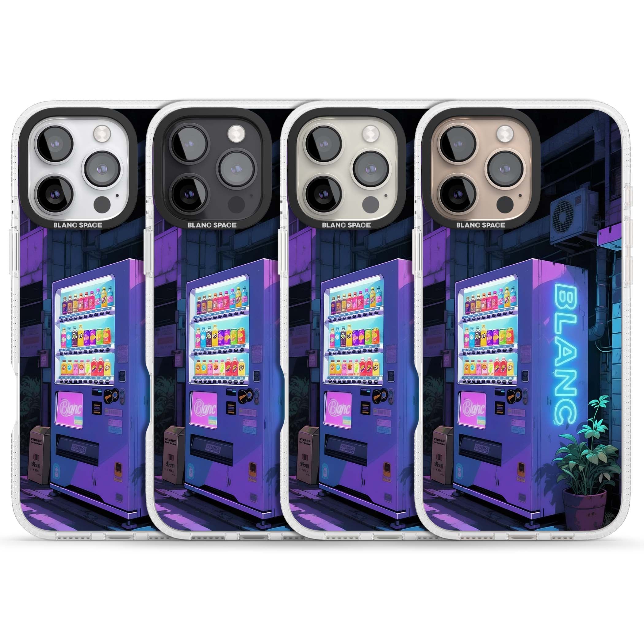 Shibuya Glow Japanese iPhone case featuring a glowing Tokyo vending machine, neon signage, and moody purple alleyway | Clear Case Impact Air case for iPhone 16 Pro, iPhone 16 Pro Max