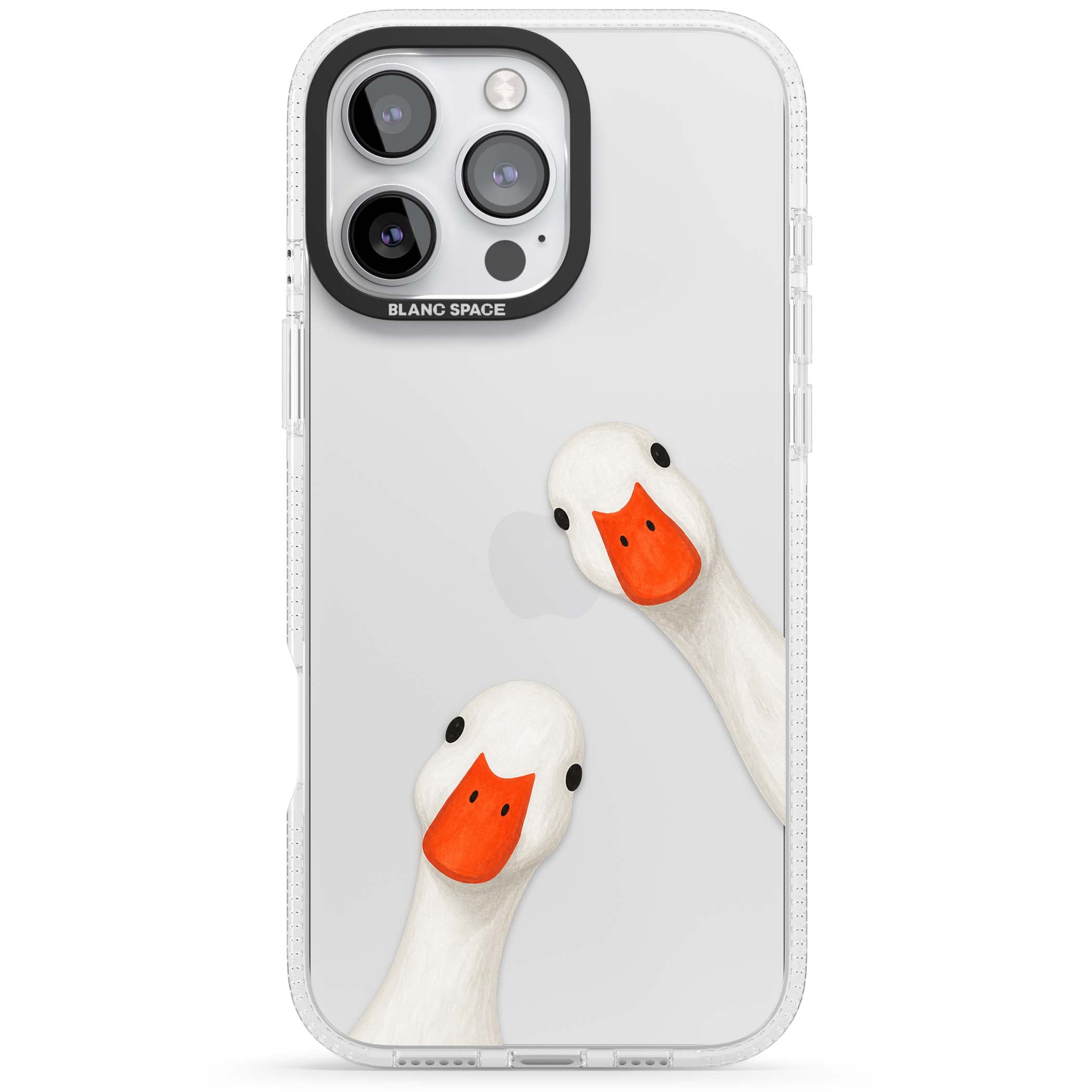 Nosy Ducks cottagecore iPhone case featuring two peeking white ducks with orange beaks on a clear background | Clear Case Impact Air case for iPhone 16 Pro, iPhone 16 Pro Max