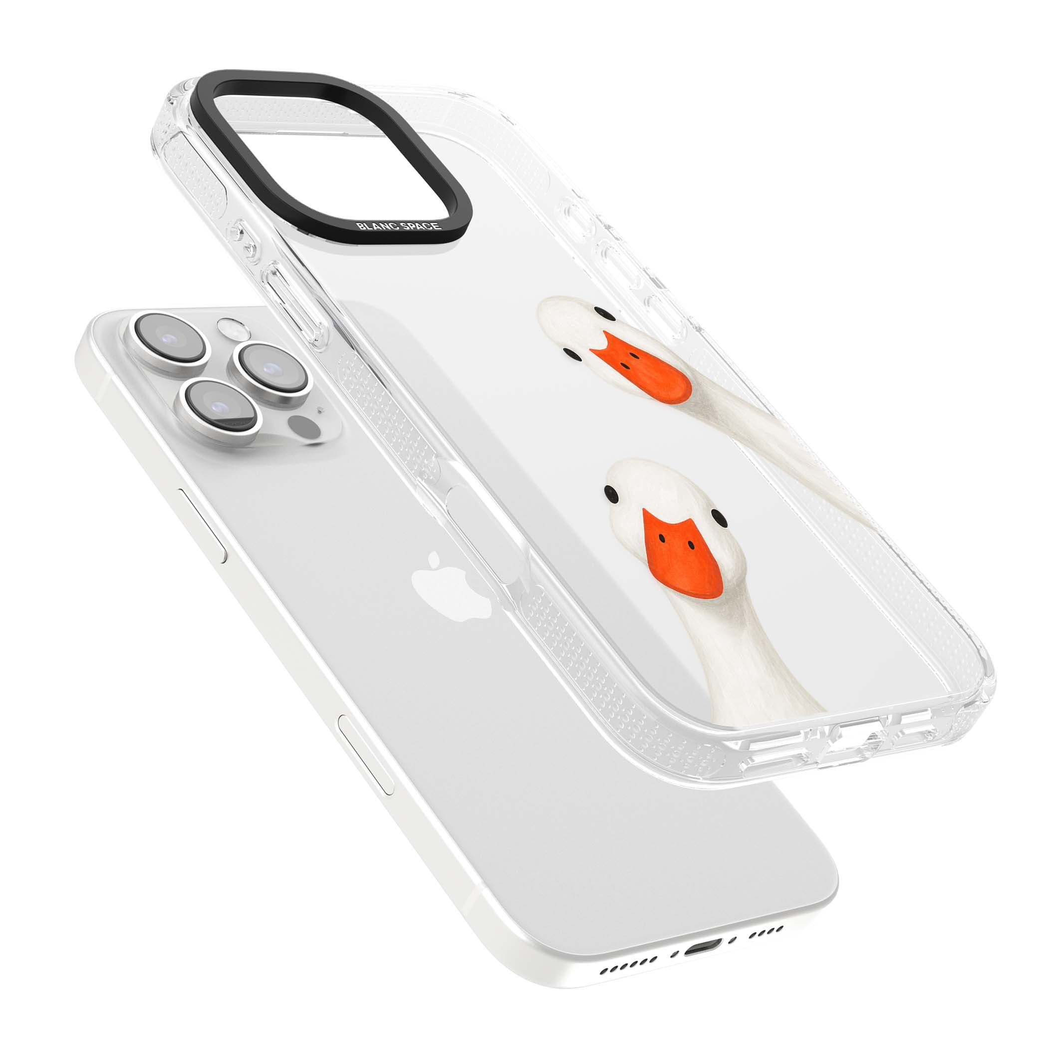 Nosy Ducks cottagecore iPhone case featuring two peeking white ducks with orange beaks on a clear background | Clear Case Impact Air case for iPhone 16 Pro, iPhone 16 Pro Max