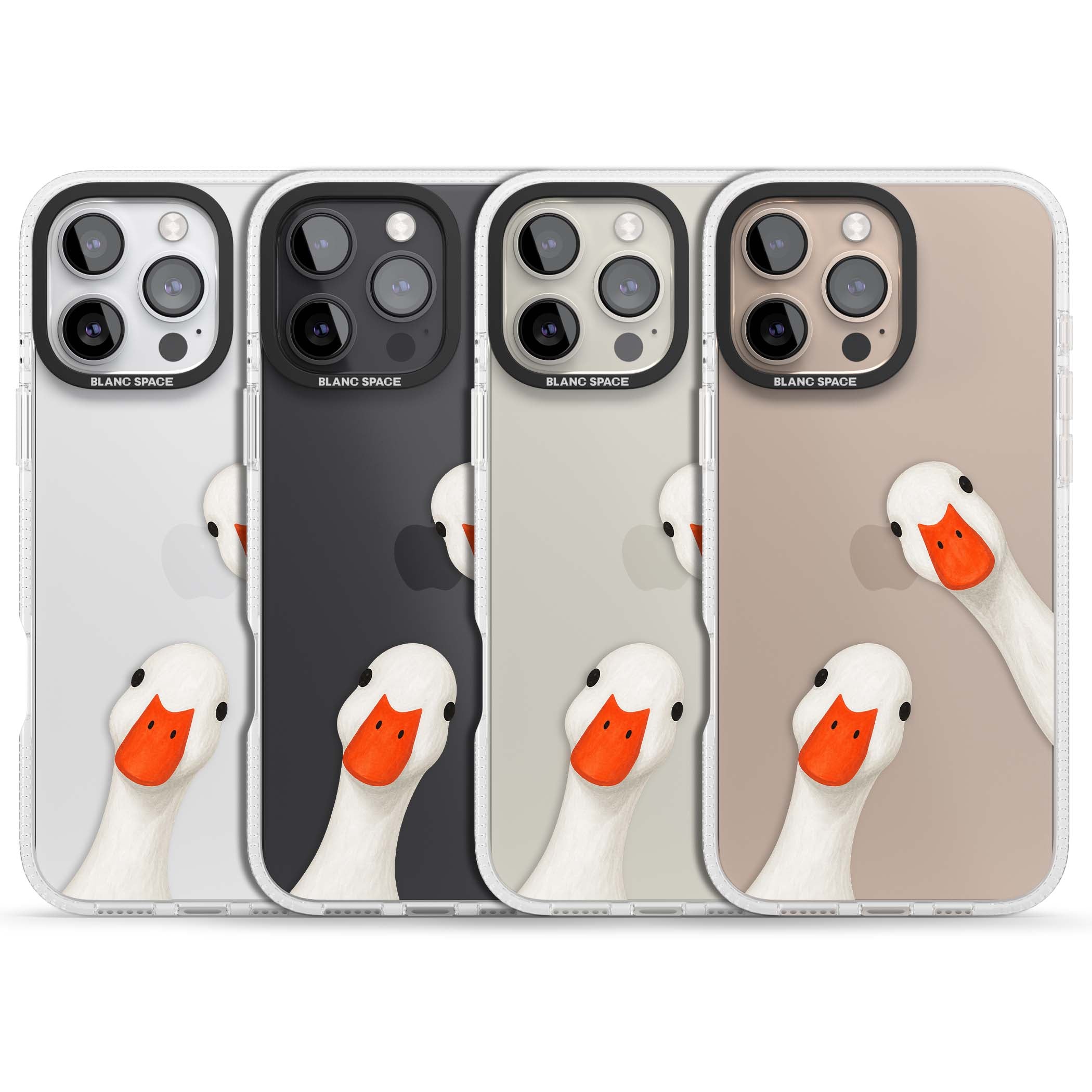 Nosy Ducks cottagecore iPhone case featuring two peeking white ducks with orange beaks on a clear background | Clear Case Impact Air case for iPhone 16 Pro, iPhone 16 Pro Max