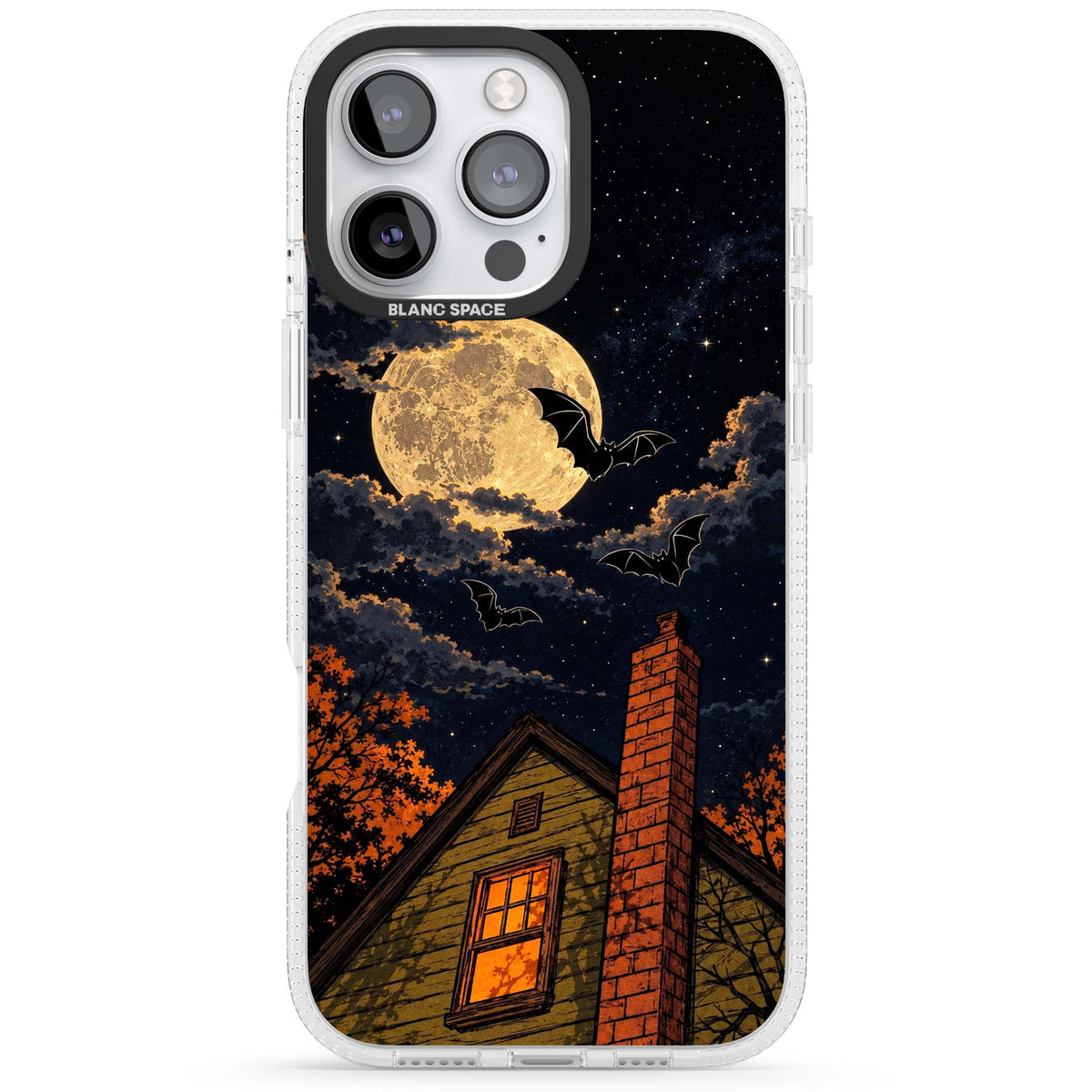 Hollows Eve Halloween iPhone case featuring a haunted house, full moon and flying bats against a starry autumn sky | Clear Case Impact Air case for iPhone 16 Pro, iPhone 16 Pro Max