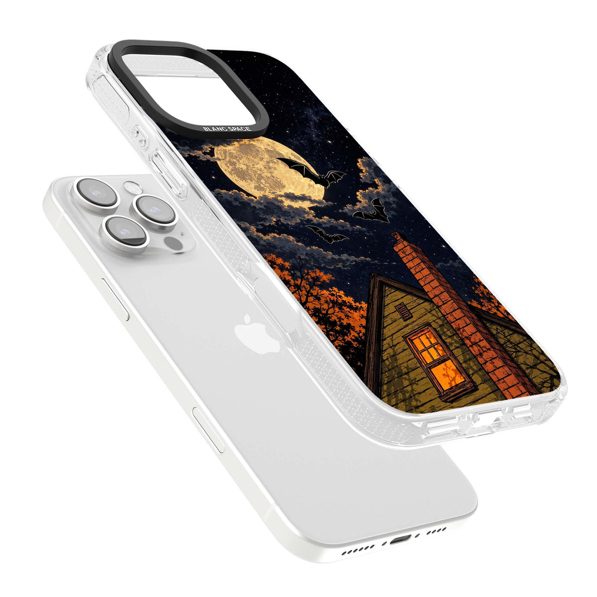 Hollows Eve Halloween iPhone case featuring a haunted house, full moon and flying bats against a starry autumn sky | Clear Case Impact Air case for iPhone 16 Pro, iPhone 16 Pro Max