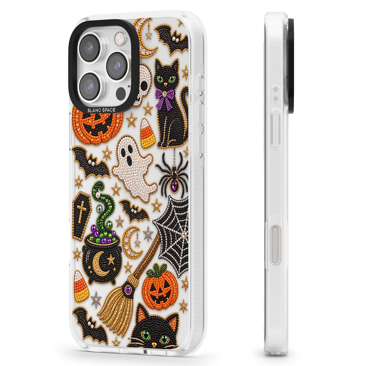 Beaded Halloween Halloween iPhone case featuring beaded pumpkins, ghosts, black cats and bats | Clear Case Impact Air case for iPhone 16 Pro, iPhone 16 Pro Max