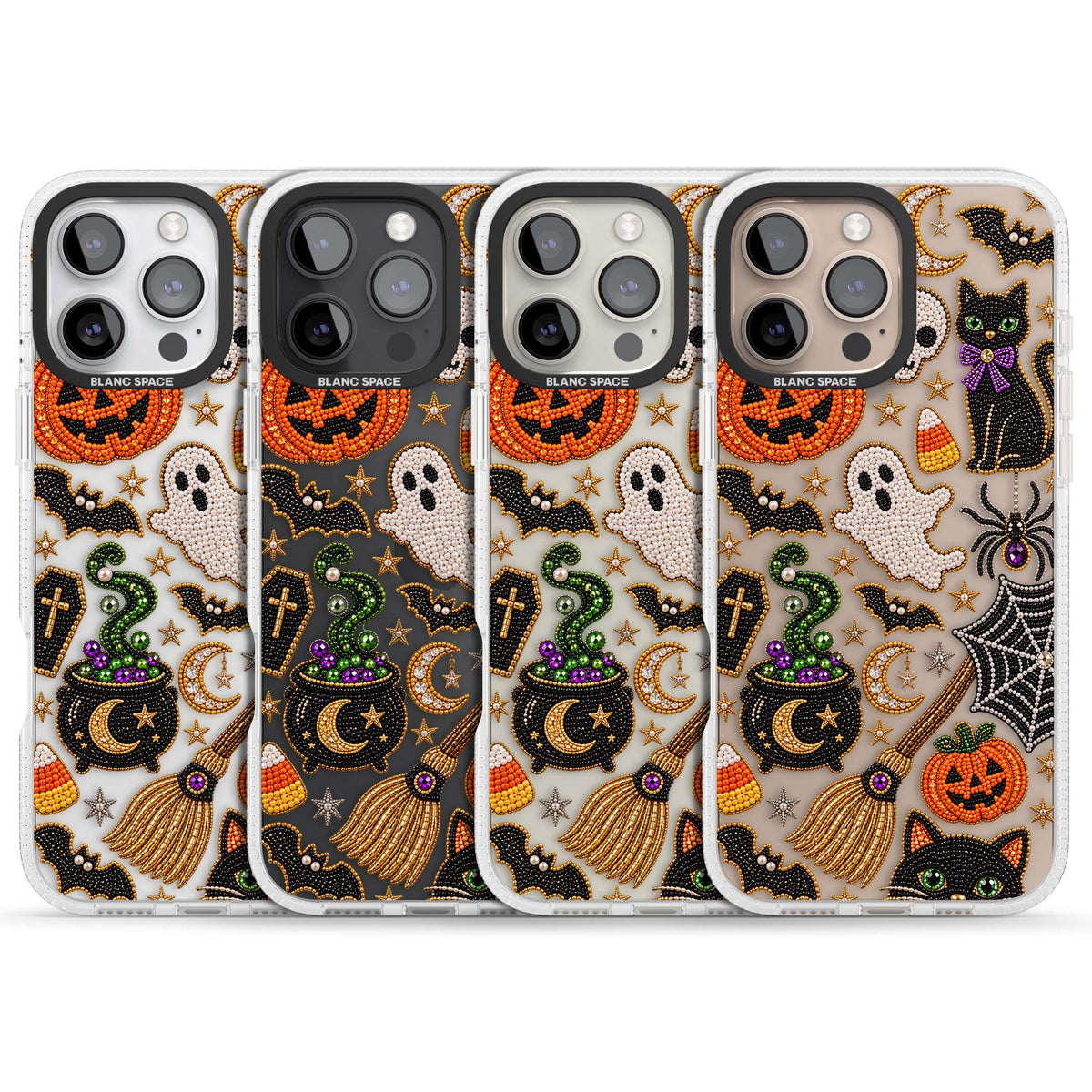 Beaded Halloween Halloween iPhone case featuring beaded pumpkins, ghosts, black cats and bats | Clear Case Impact Air case for iPhone 16 Pro, iPhone 16 Pro Max