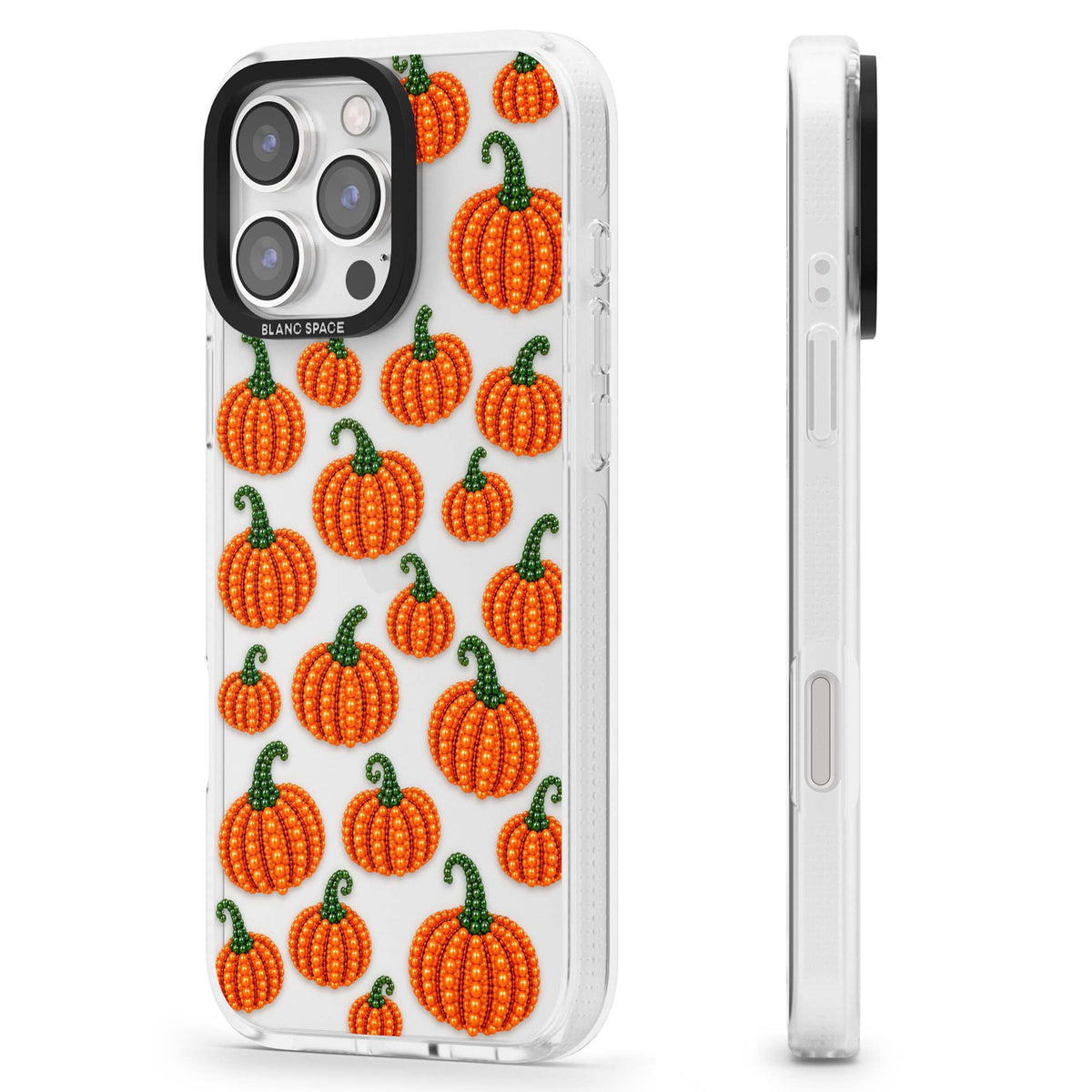Beaded Pumpkins halloween iPhone case featuring beaded orange pumpkins with green stems on a clear background | Clear Case Impact Air case for iPhone 16 Pro, iPhone 16 Pro Max