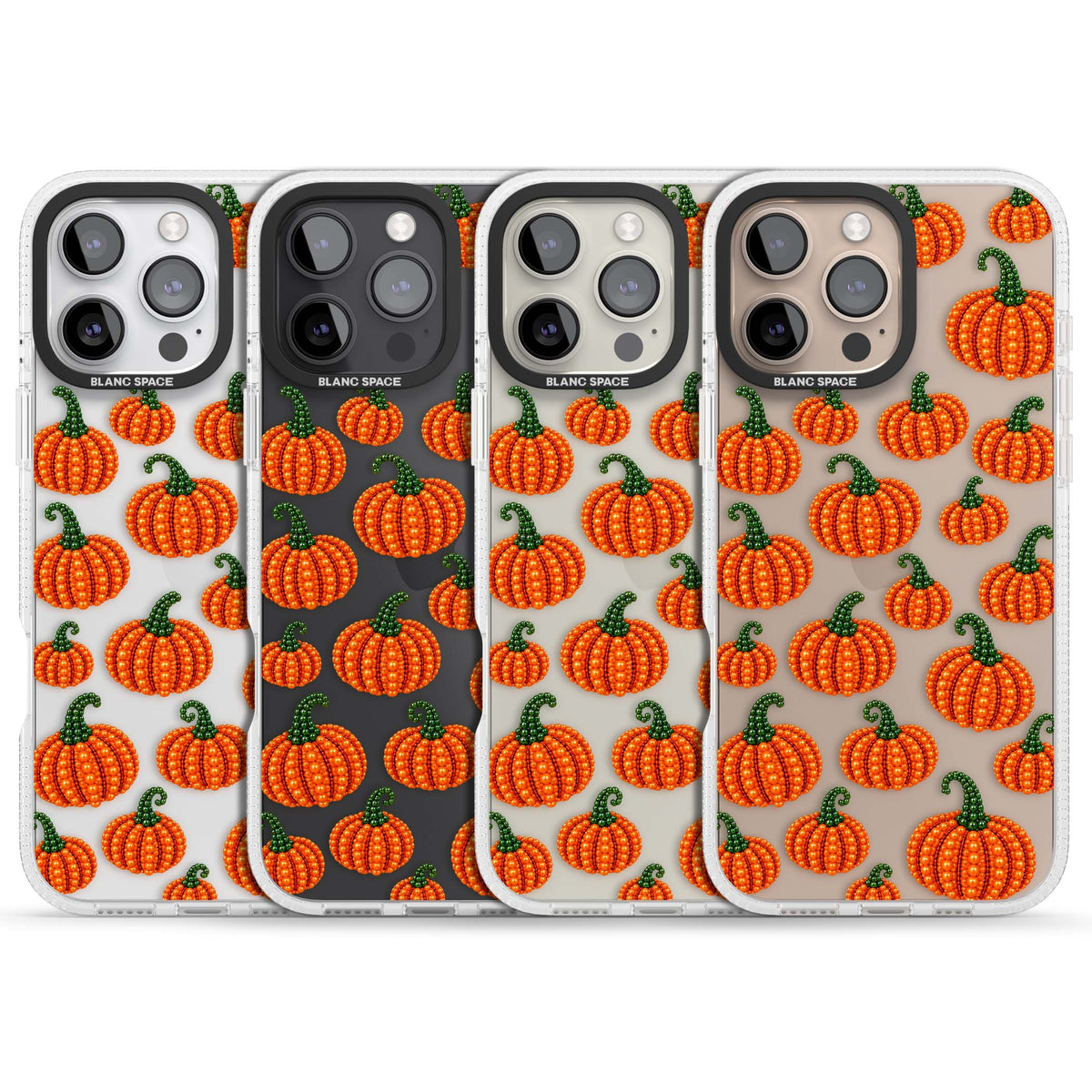 Beaded Pumpkins halloween iPhone case featuring beaded orange pumpkins with green stems on a clear background | Clear Case Impact Air case for iPhone 16 Pro, iPhone 16 Pro Max