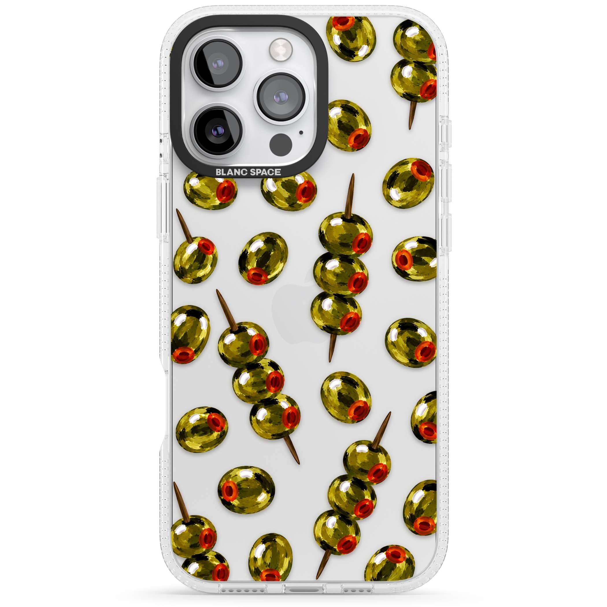 Painted Olives cocktail iPhone case featuring green olives, pimento centres and toothpick skewers on a clear background | Clear Case Impact Air case for iPhone 16 Pro, iPhone 16 Pro Max