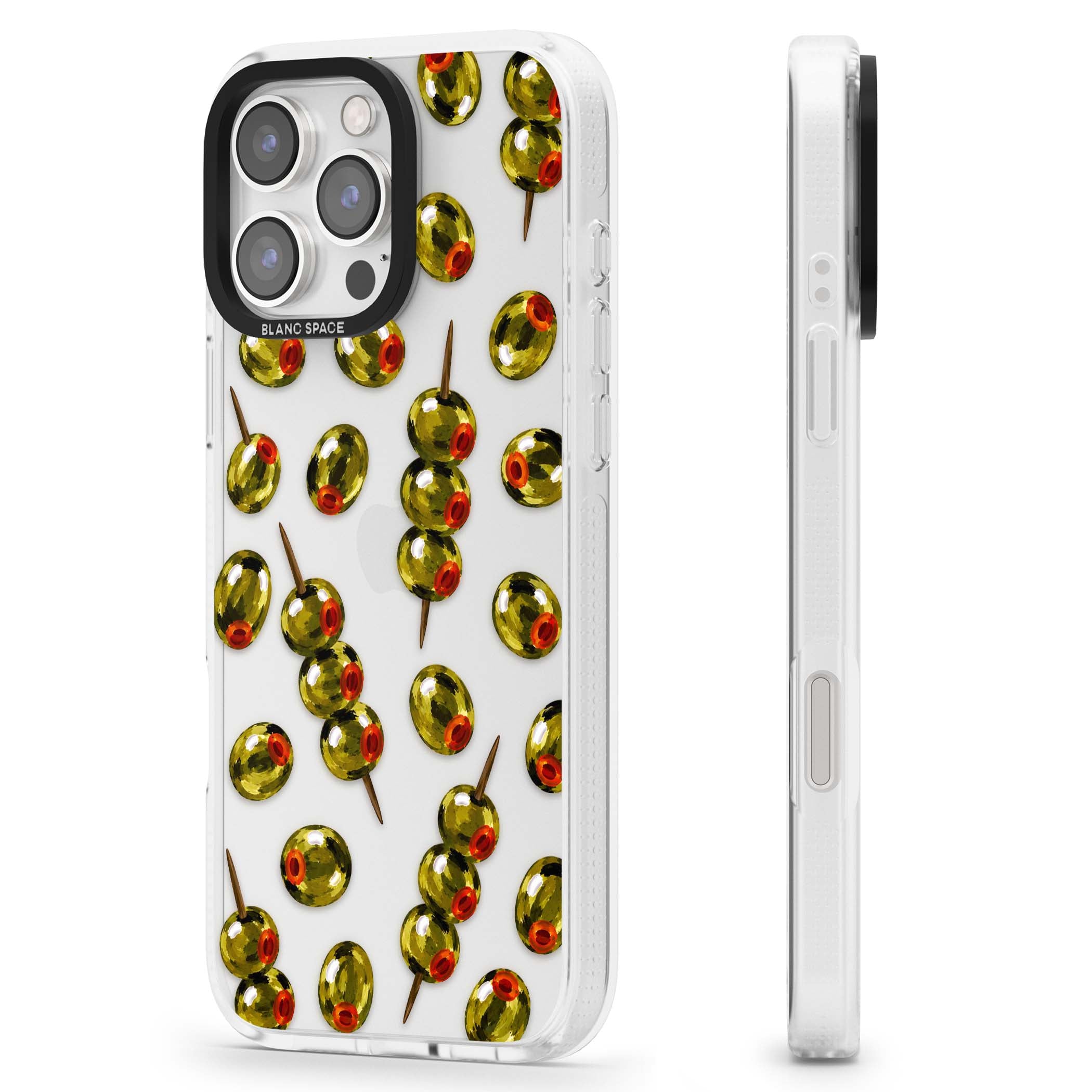 Painted Olives cocktail iPhone case featuring green olives, pimento centres and toothpick skewers on a clear background | Clear Case Impact Air case for iPhone 16 Pro, iPhone 16 Pro Max