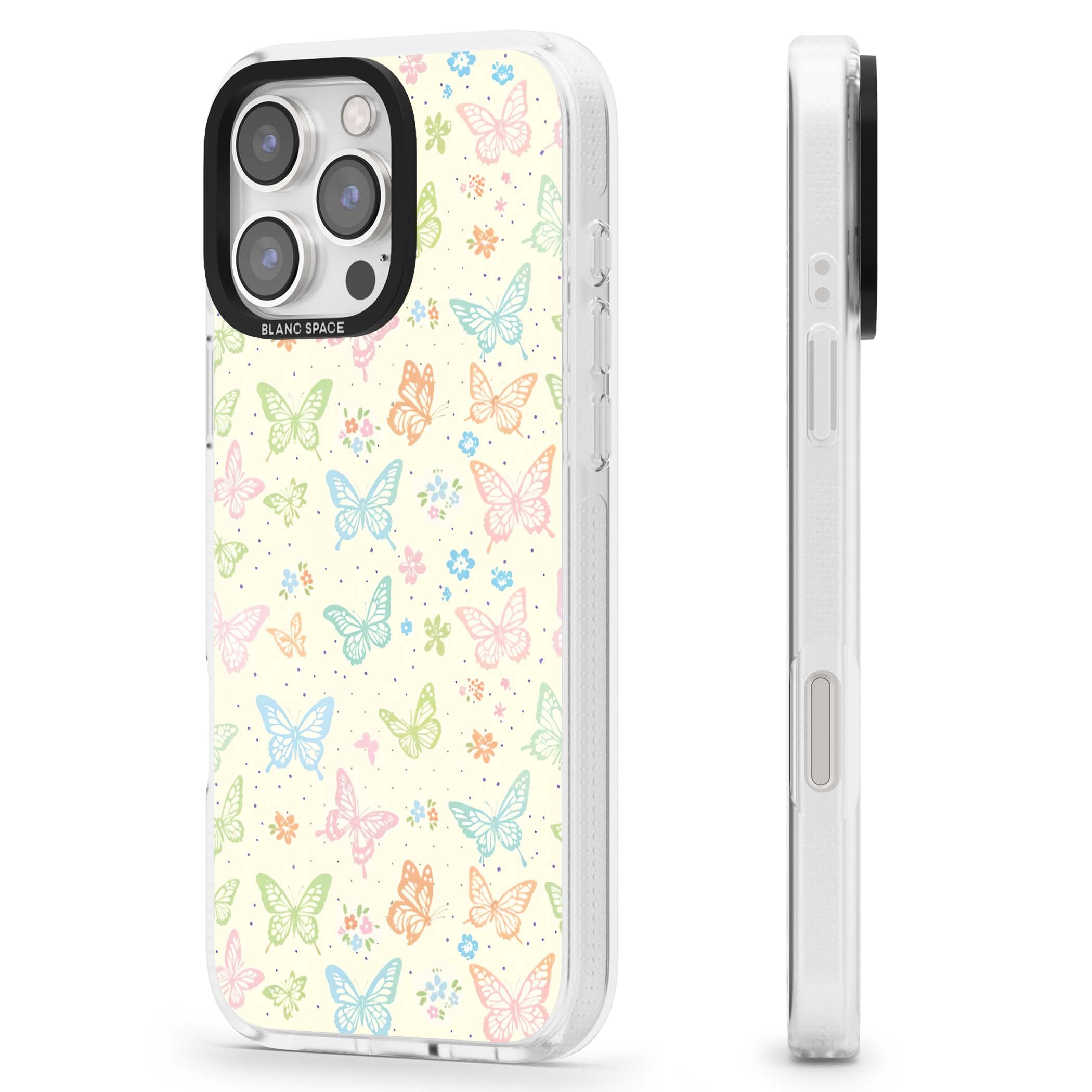 Sugar Wings cottagecore iPhone case featuring rainbow pastel butterflies, tiny wildflowers, and a cream background | Clear Case Impact Air case for iPhone 16 Pro, iPhone 16 Pro Max