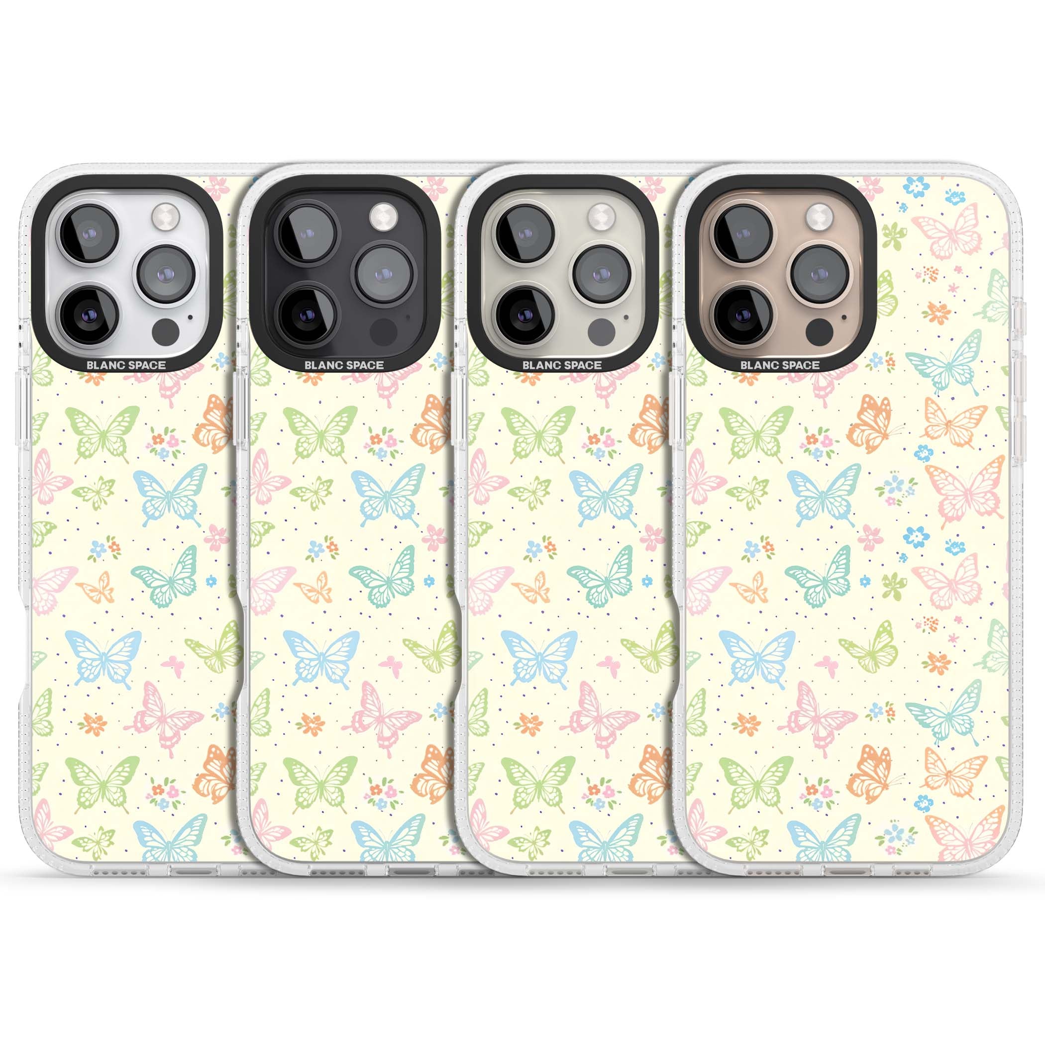 Sugar Wings cottagecore iPhone case featuring rainbow pastel butterflies, tiny wildflowers, and a cream background | Clear Case Impact Air case for iPhone 16 Pro, iPhone 16 Pro Max