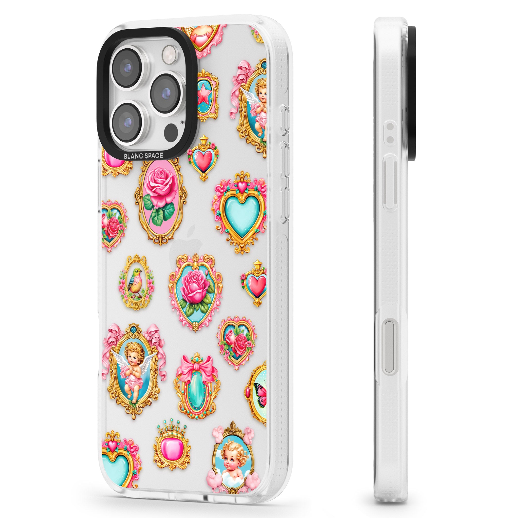 Angelcore Hearts & Frames iPhone 16 Pro Max / 16 Pro Clear Case Impact Air - Blanc Space