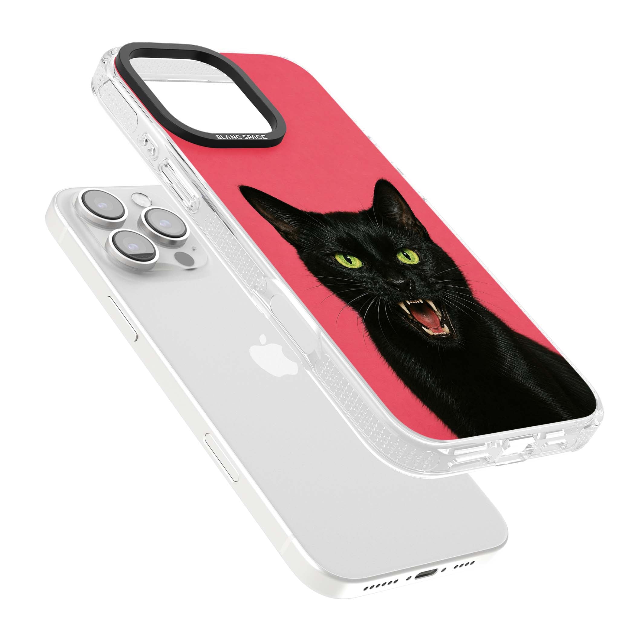 Hissin' Baddie black cat iPhone case featuring a hissing feline with green eyes on a hot pink background | Clear Case Impact Air case for iPhone 16 Pro, iPhone 16 Pro Max