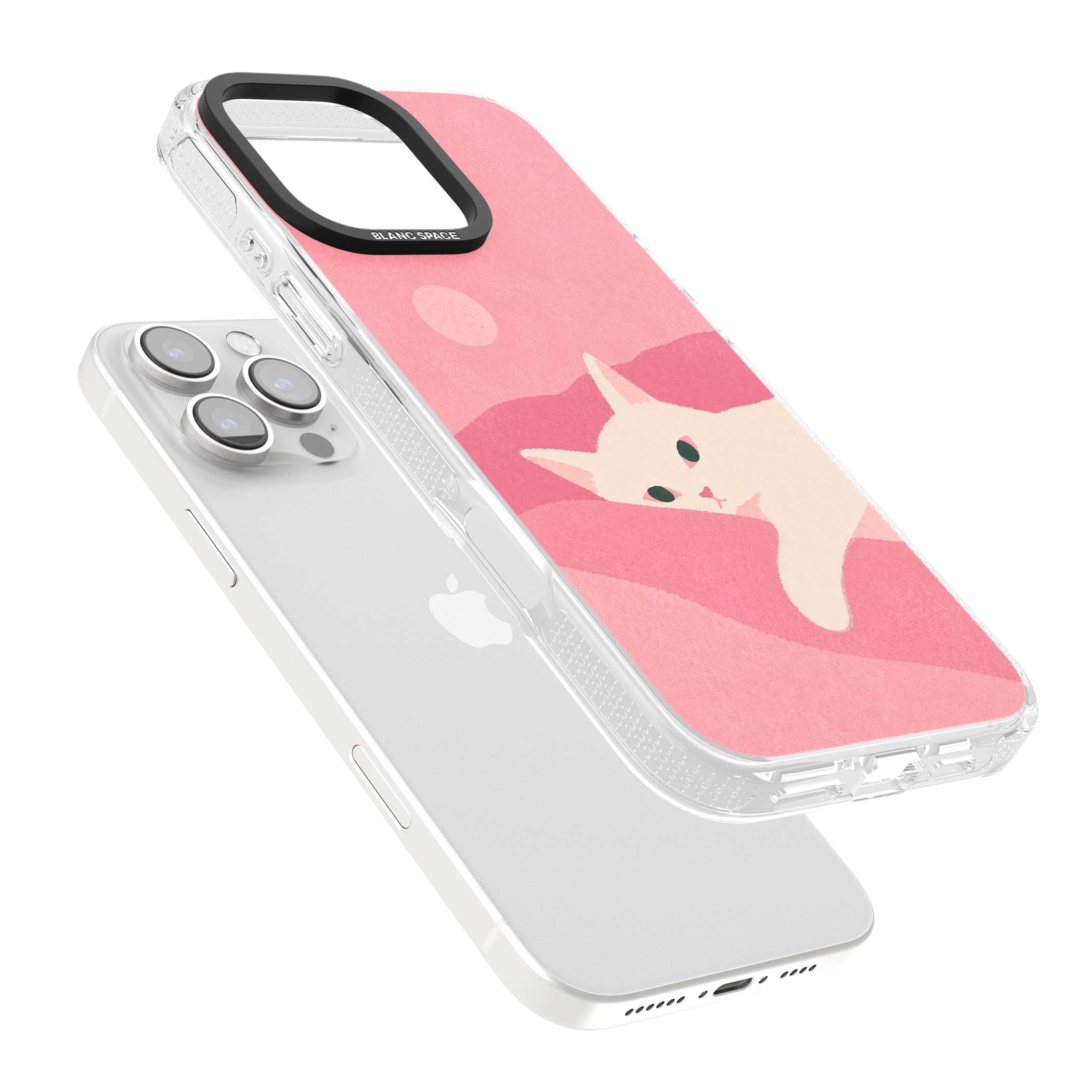Pink Dreams cute cat iPhone case featuring a white kitten, soft pink hills and a pale pastel sun | Clear Case Impact Air case for iPhone 16 Pro, iPhone 16 Pro Max