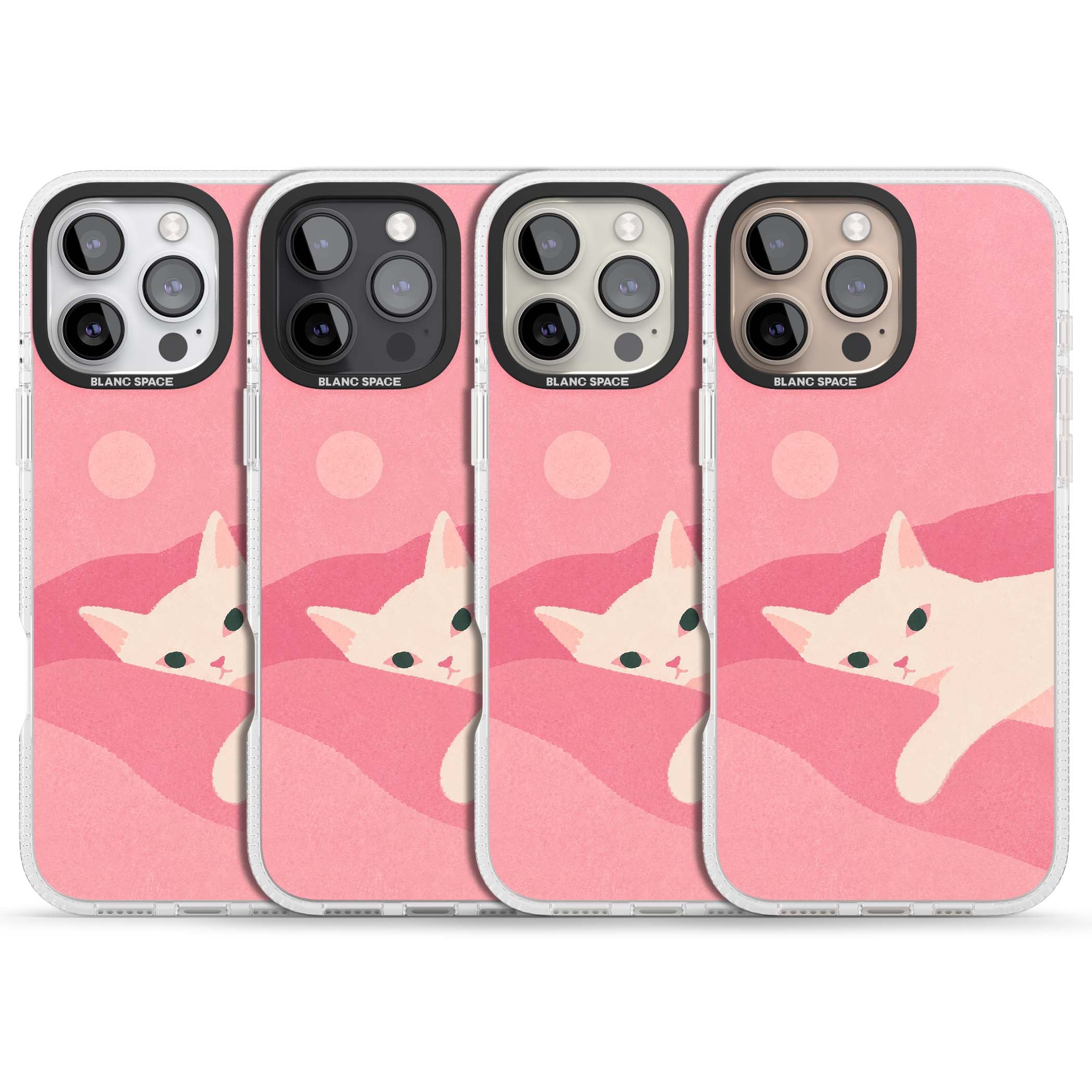 Pink Dreams cute cat iPhone case featuring a white kitten, soft pink hills and a pale pastel sun | Clear Case Impact Air case for iPhone 16 Pro, iPhone 16 Pro Max