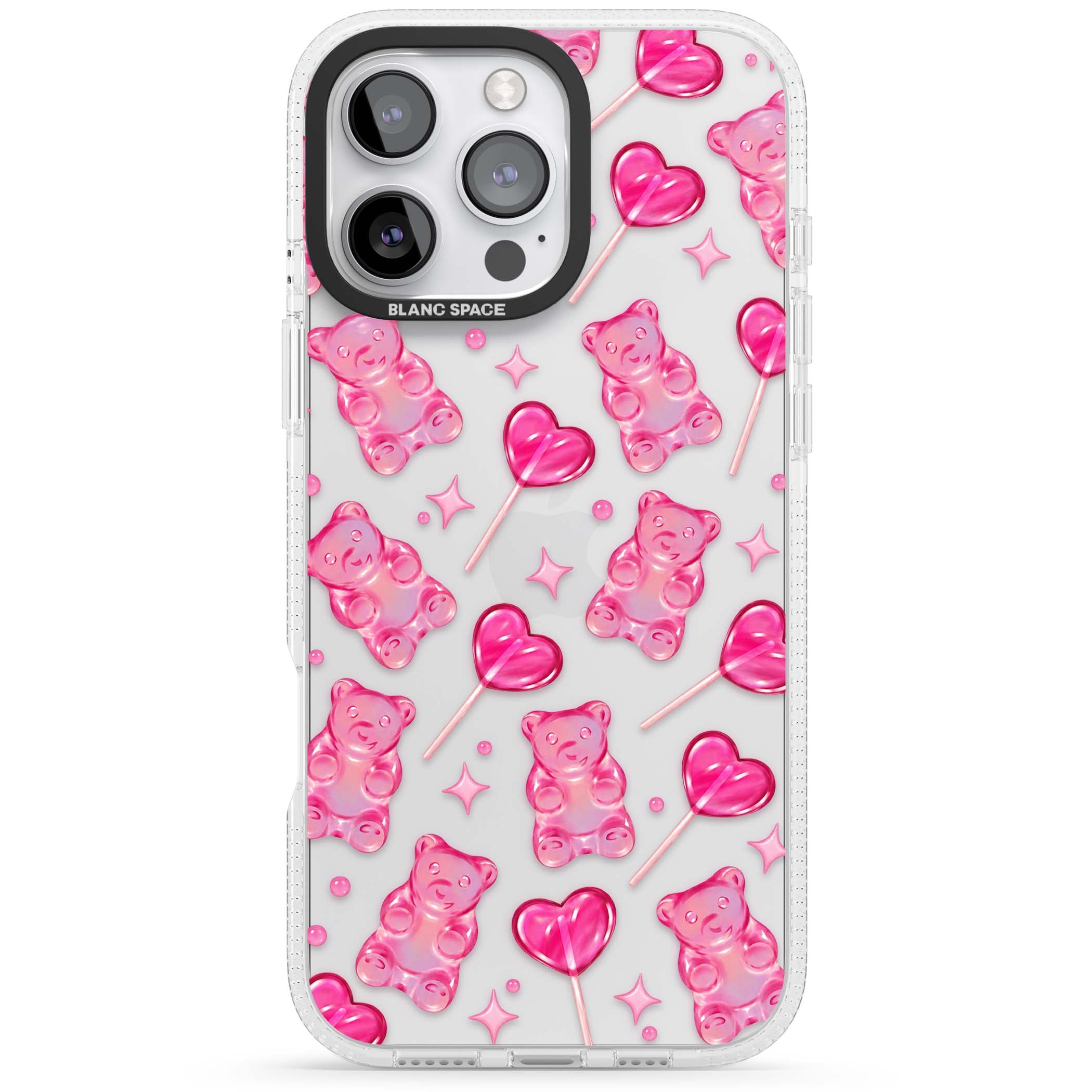 Pink Sugar pinkcore iPhone case featuring pink gummy bears, heart-shaped lollipops and sparkle stars | Clear Case Impact Air case for iPhone 16 Pro, iPhone 16 Pro Max