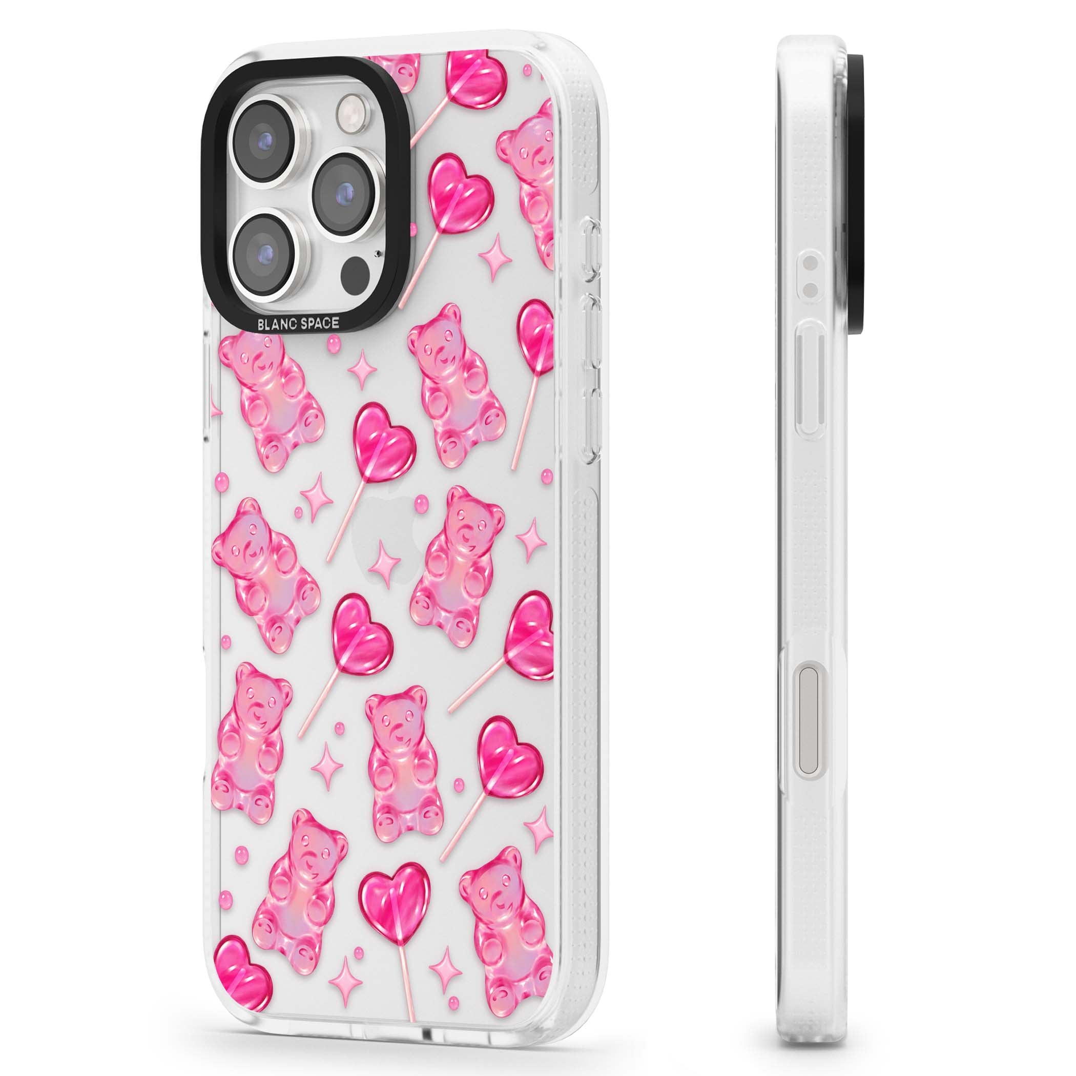 Pink Sugar pinkcore iPhone case featuring pink gummy bears, heart-shaped lollipops and sparkle stars | Clear Case Impact Air case for iPhone 16 Pro, iPhone 16 Pro Max