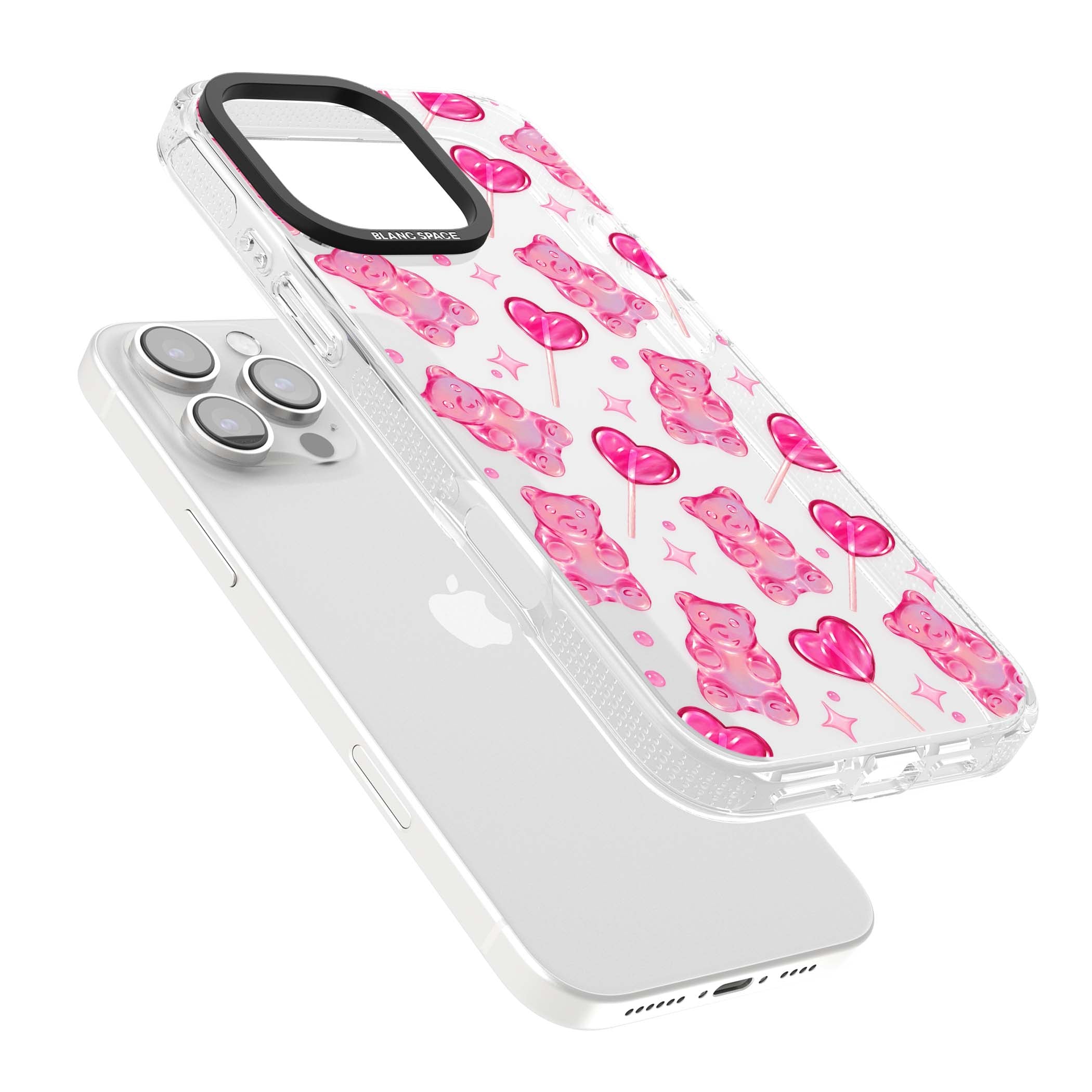 Pink Sugar pinkcore iPhone case featuring pink gummy bears, heart-shaped lollipops and sparkle stars | Clear Case Impact Air case for iPhone 16 Pro, iPhone 16 Pro Max