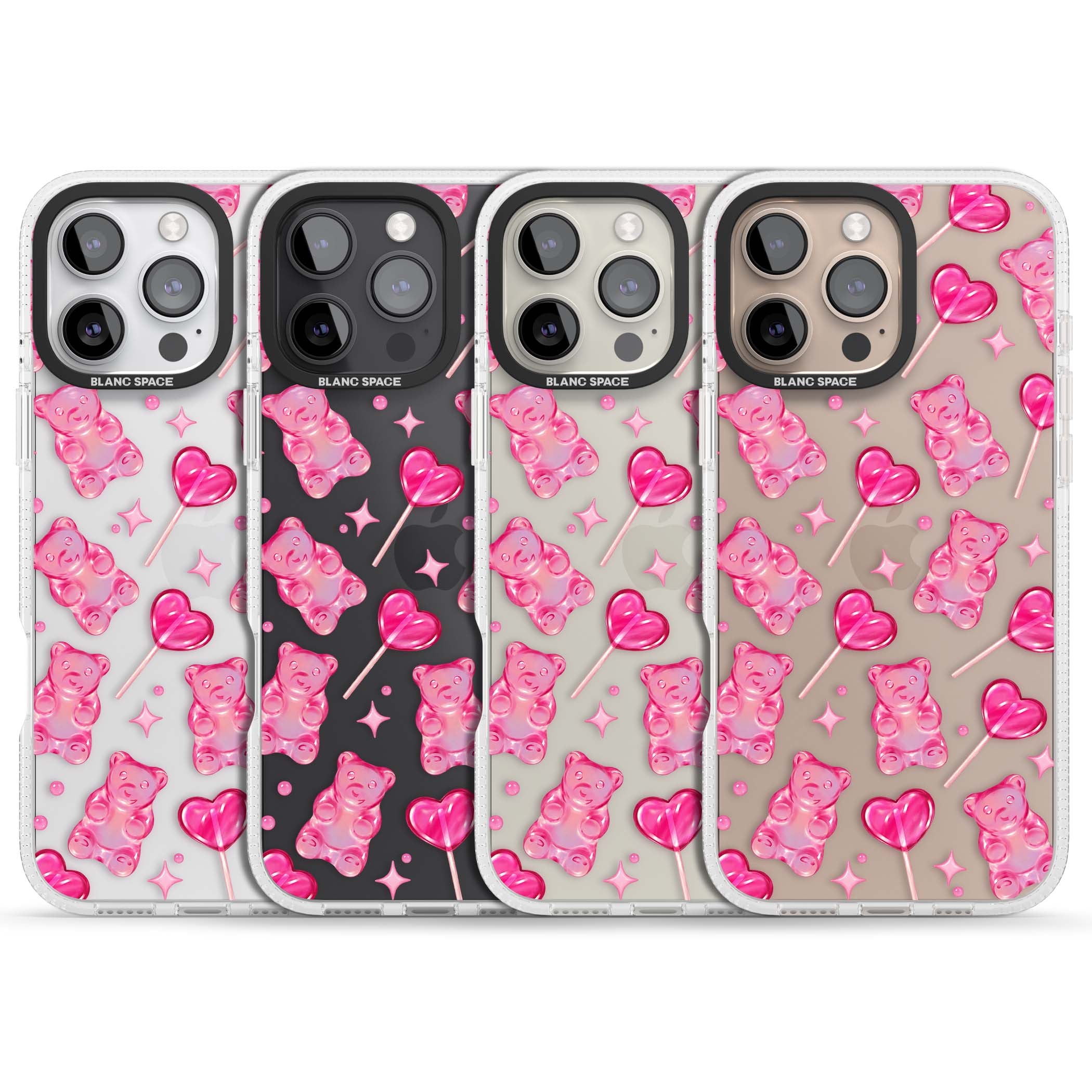 Pink Sugar pinkcore iPhone case featuring pink gummy bears, heart-shaped lollipops and sparkle stars | Clear Case Impact Air case for iPhone 16 Pro, iPhone 16 Pro Max