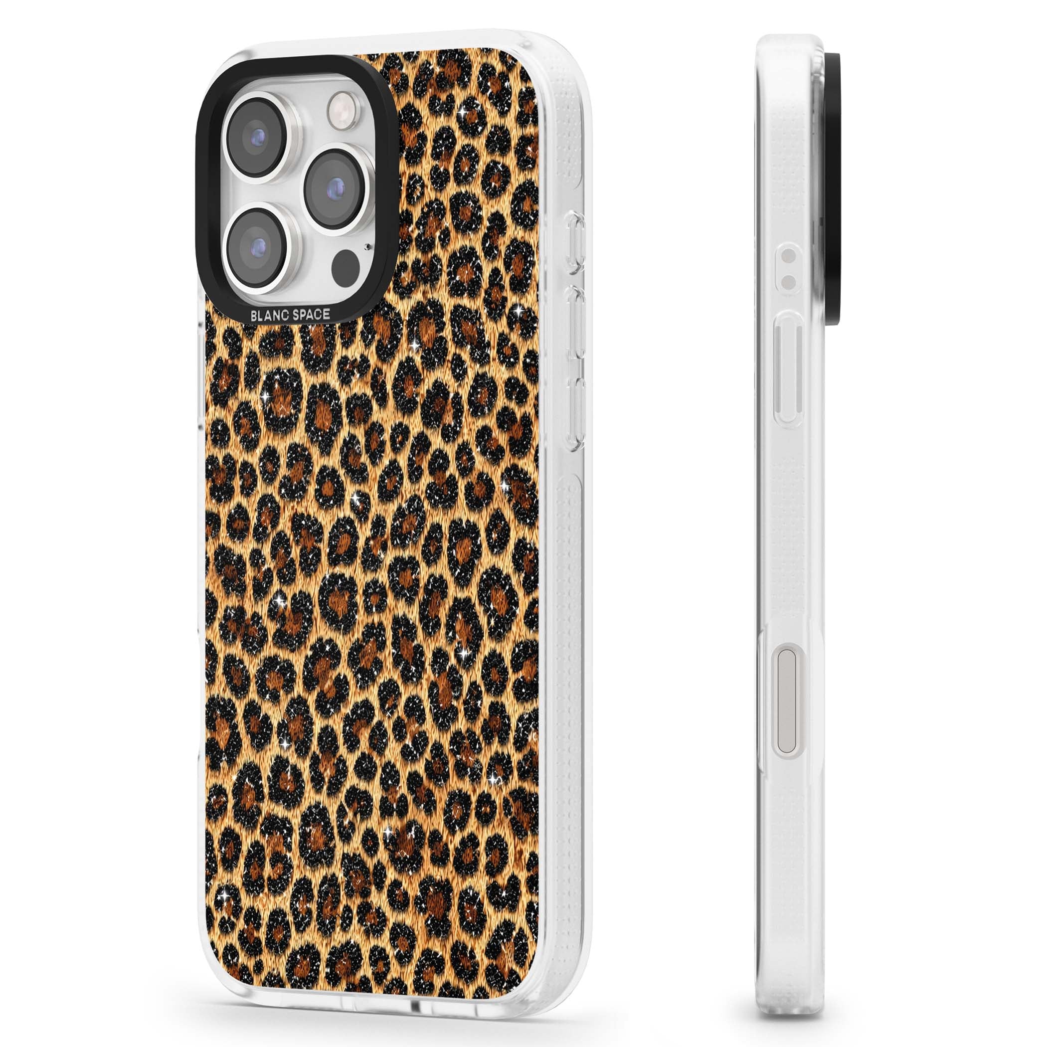 Diamond Leopard leopard print iPhone case featuring golden tan fur, black rosette spots and subtle glitter sparkle | Clear Case Impact Air case for iPhone 16 Pro, iPhone 16 Pro Max