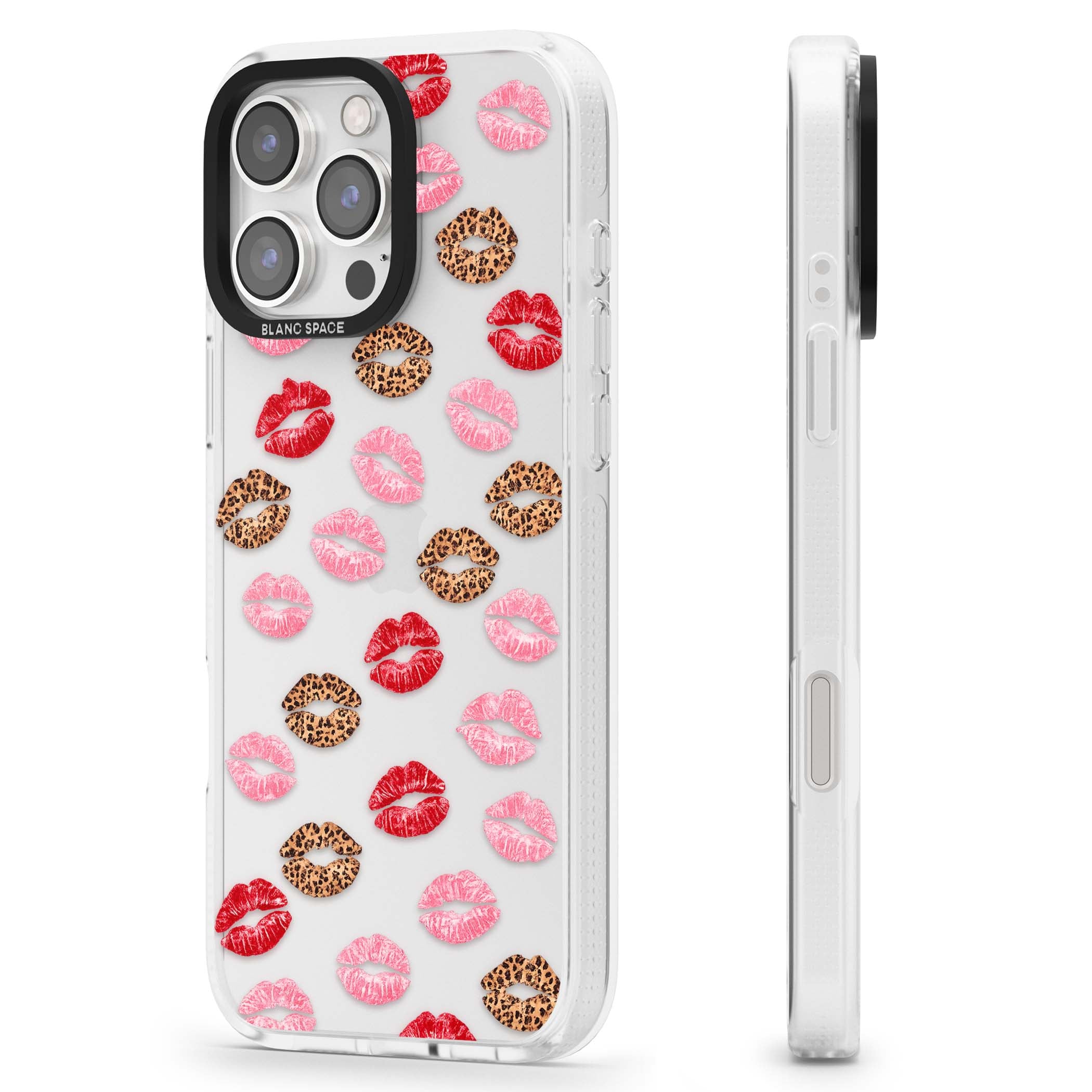 Wild Kisses coquette iPhone case featuring red, pink and leopard print lipstick kiss marks on a clear background | Clear Case Impact Air case for iPhone 16 Pro, iPhone 16 Pro Max