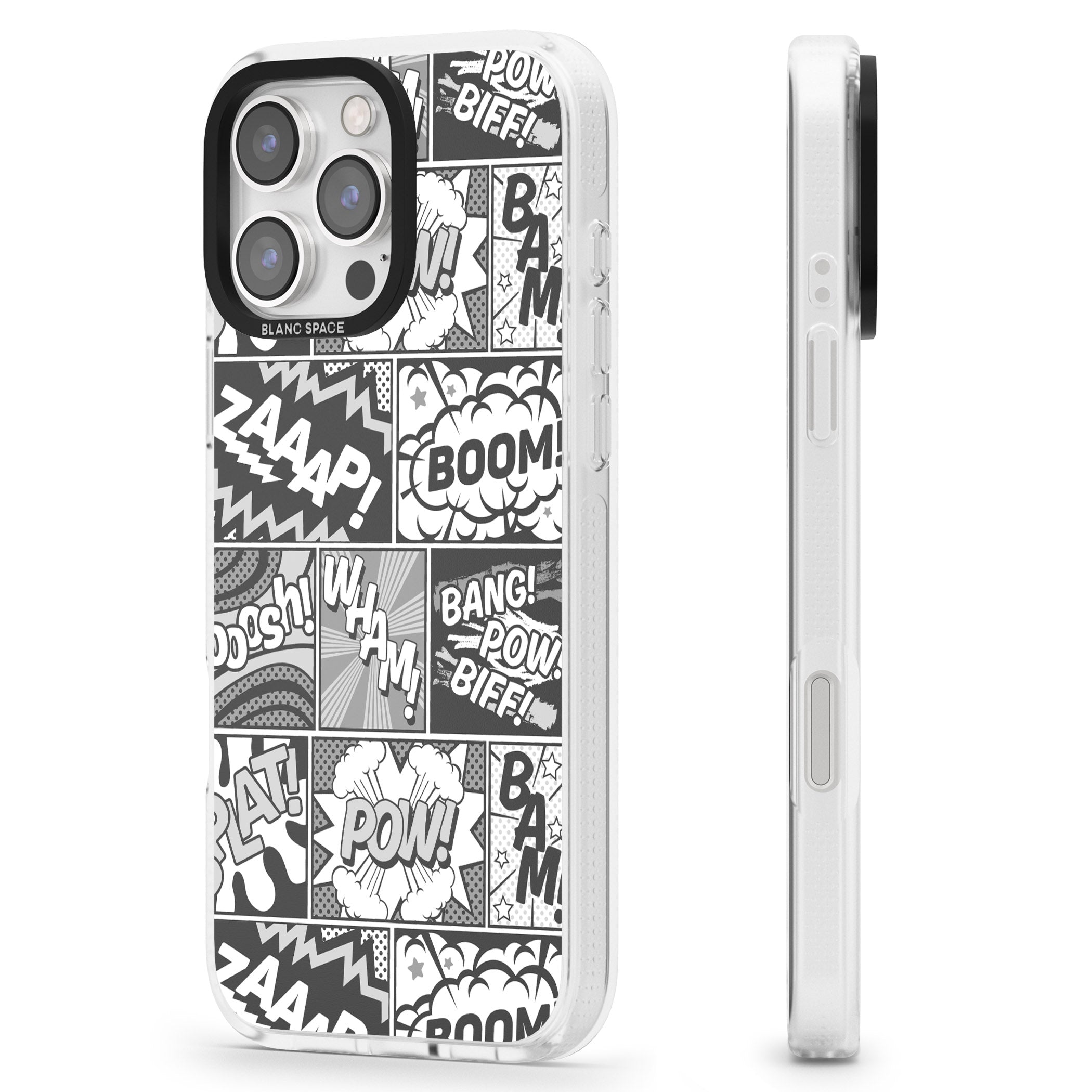 Onomatopoeia (Black & White) iPhone 16 Pro Max / 16 Pro Clear Case Impact Air - Blanc Space