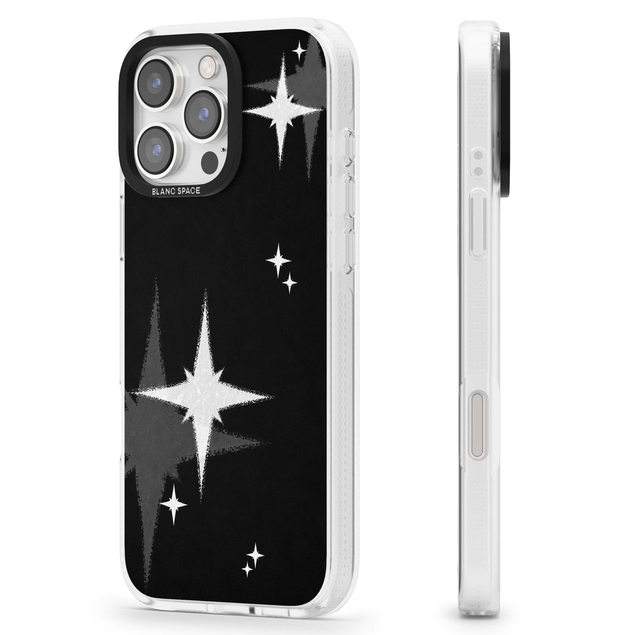 Black Sparkle celestial iPhone case featuring white sparkle stars on a black night sky background | Clear Case Impact Air case for iPhone 16 Pro, iPhone 16 Pro Max