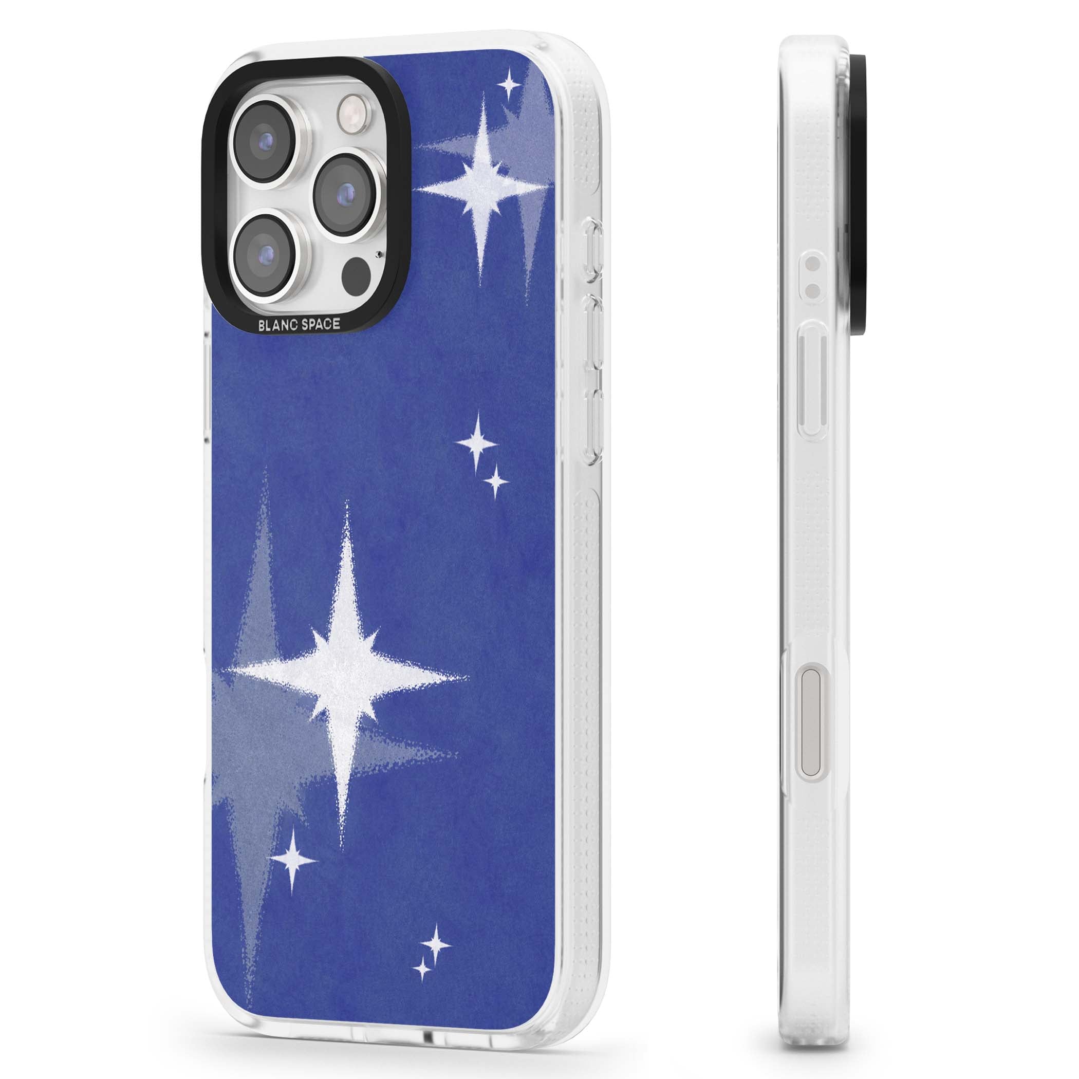 Blue Sparkle celestial iPhone case featuring sparkling silver stars on a deep blue painterly night sky | Clear Case Impact Air case for iPhone 16 Pro, iPhone 16 Pro Max