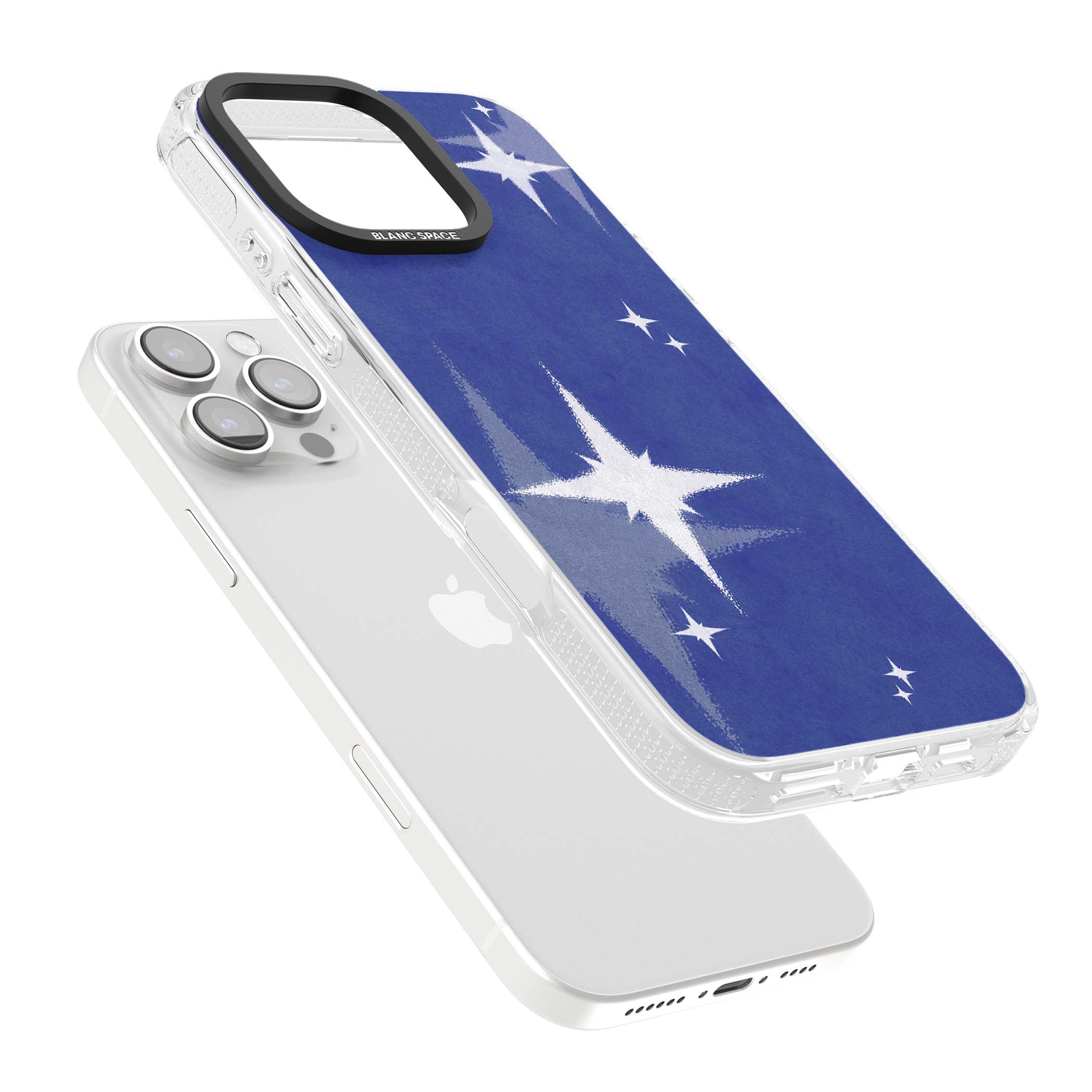 Blue Sparkle celestial iPhone case featuring sparkling silver stars on a deep blue painterly night sky | Clear Case Impact Air case for iPhone 16 Pro, iPhone 16 Pro Max