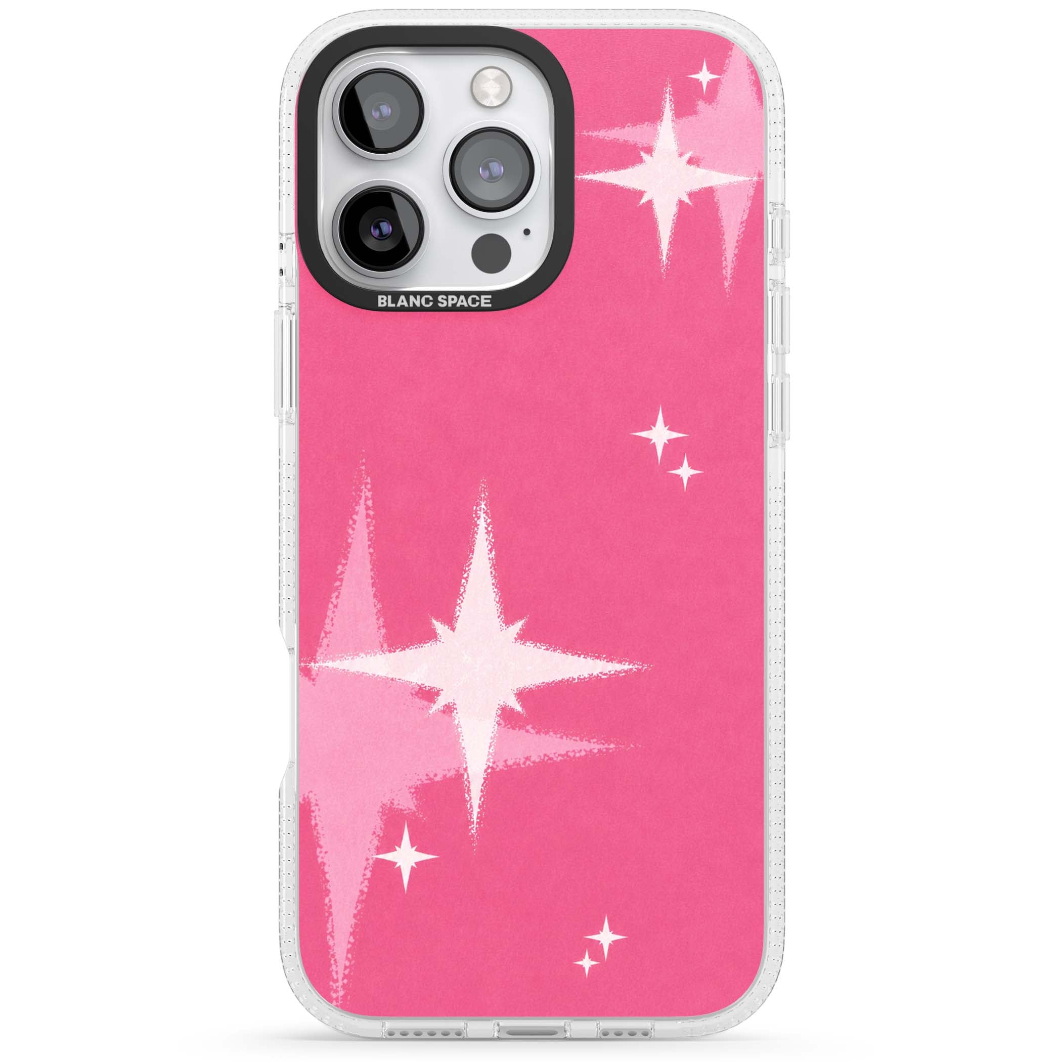 Pink Sparkle Y2K iPhone case featuring hot pink background with shimmering white starburst pattern | Clear Case Impact Air case for iPhone 16 Pro, iPhone 16 Pro Max