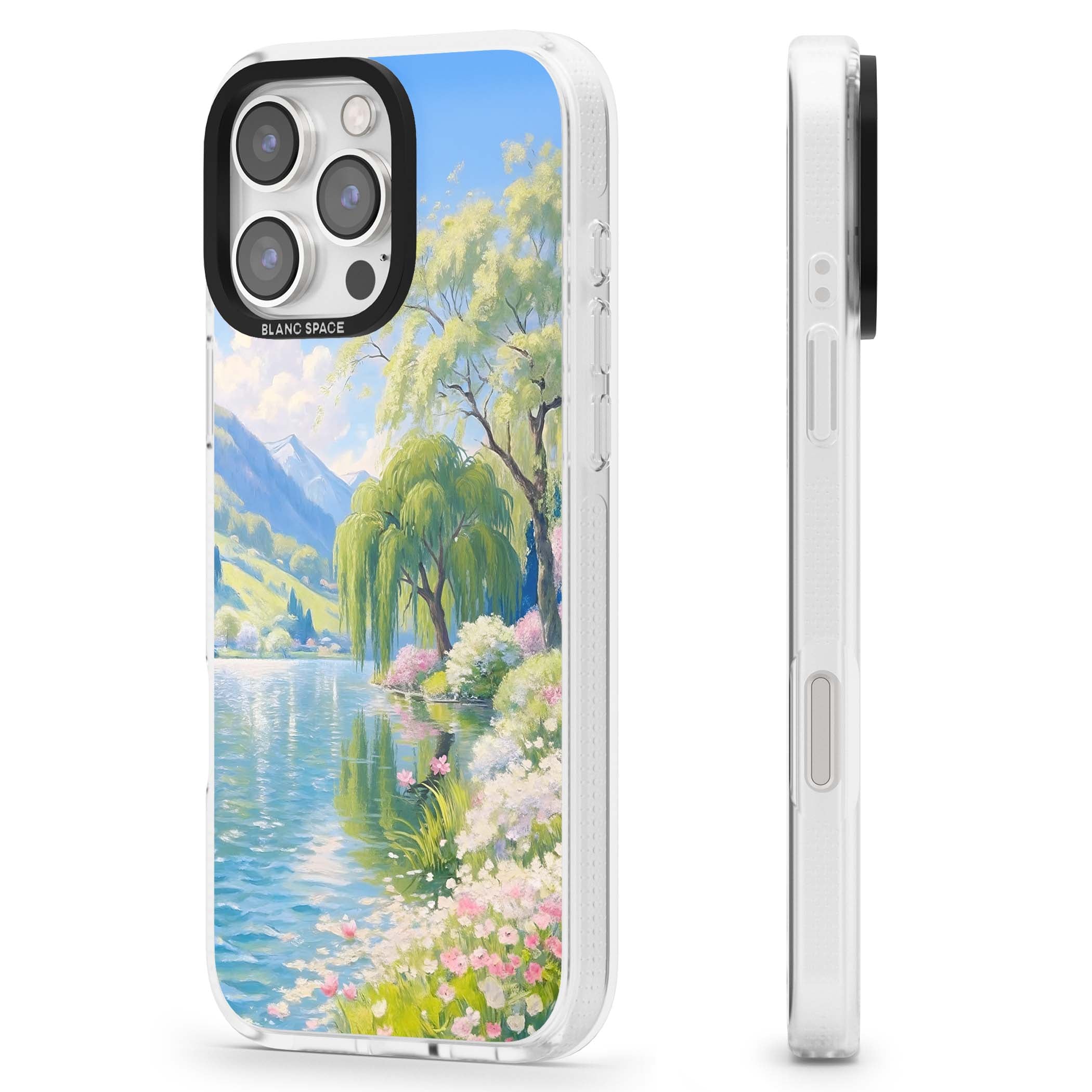 Willow Lake cottagecore iPhone case featuring a painted lakeside with weeping willow, blossoms and distant mountains | Clear Case Impact Air case for iPhone 16 Pro, iPhone 16 Pro Max