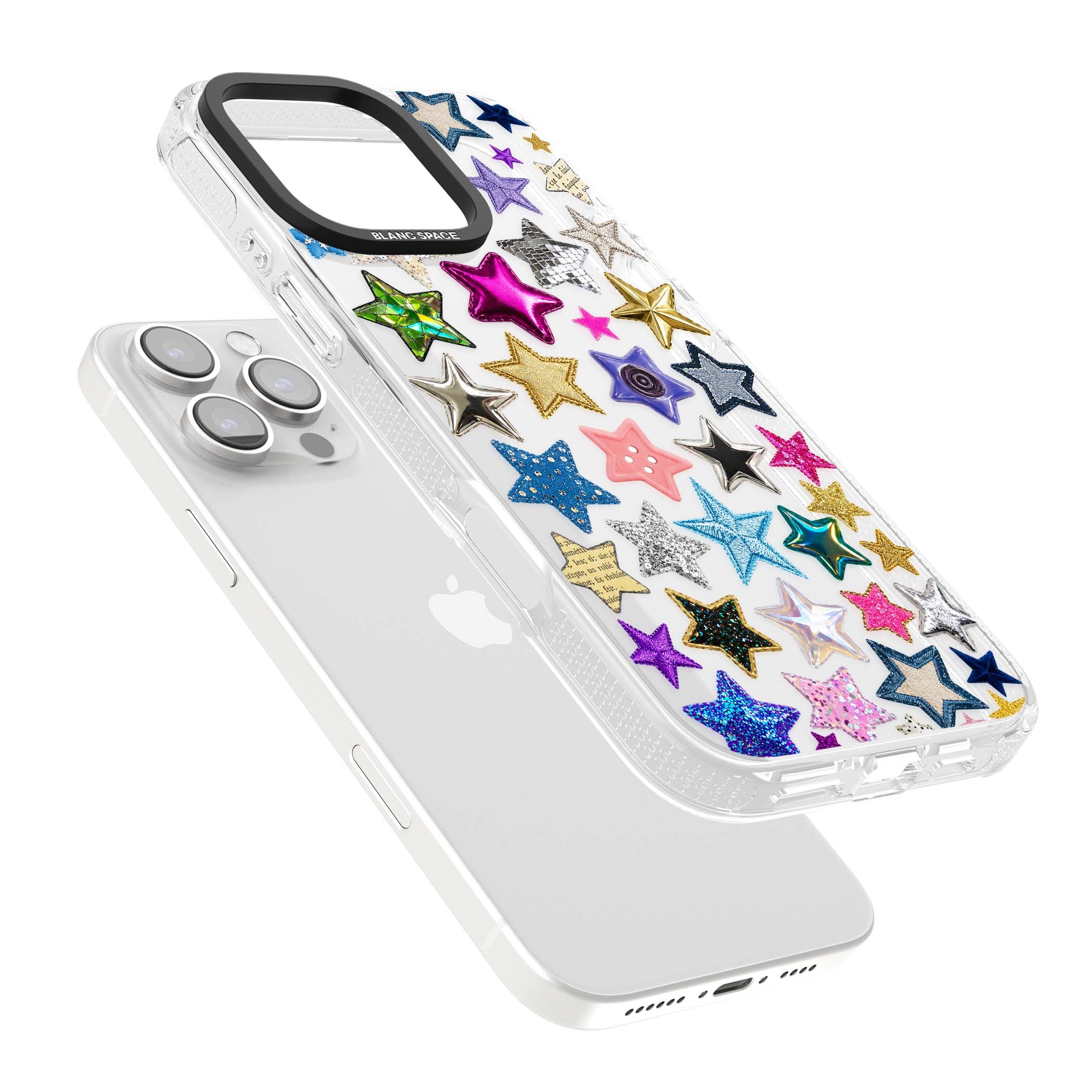 Crafty Star Mix Y2K iPhone case featuring embroidered, sequinned and glitter star patches in rainbow colours | Clear Case Impact Air case for iPhone 16 Pro, iPhone 16 Pro Max