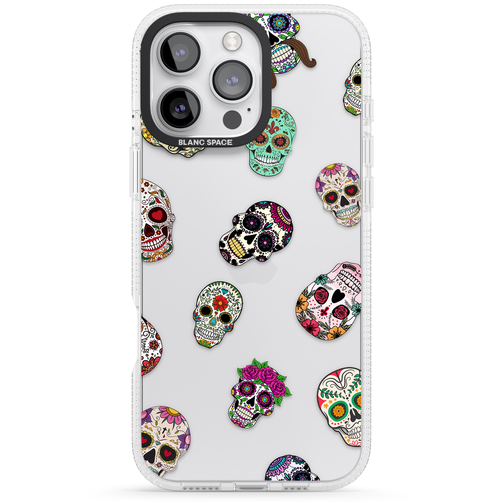 Mixed Sugar Skull Pattern iPhone 16 Pro Max / 16 Pro Clear Case Impact Air - Blanc Space