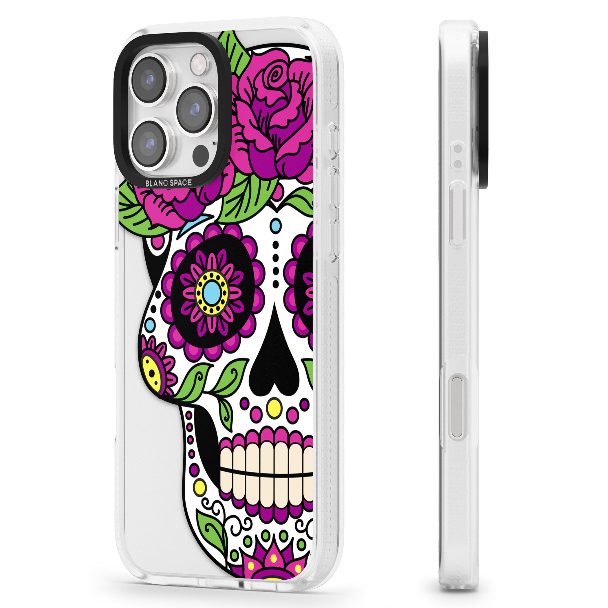 Purple Floral Sugar Skull iPhone 16 Pro Max / 16 Pro Clear Case Impact Air - Blanc Space