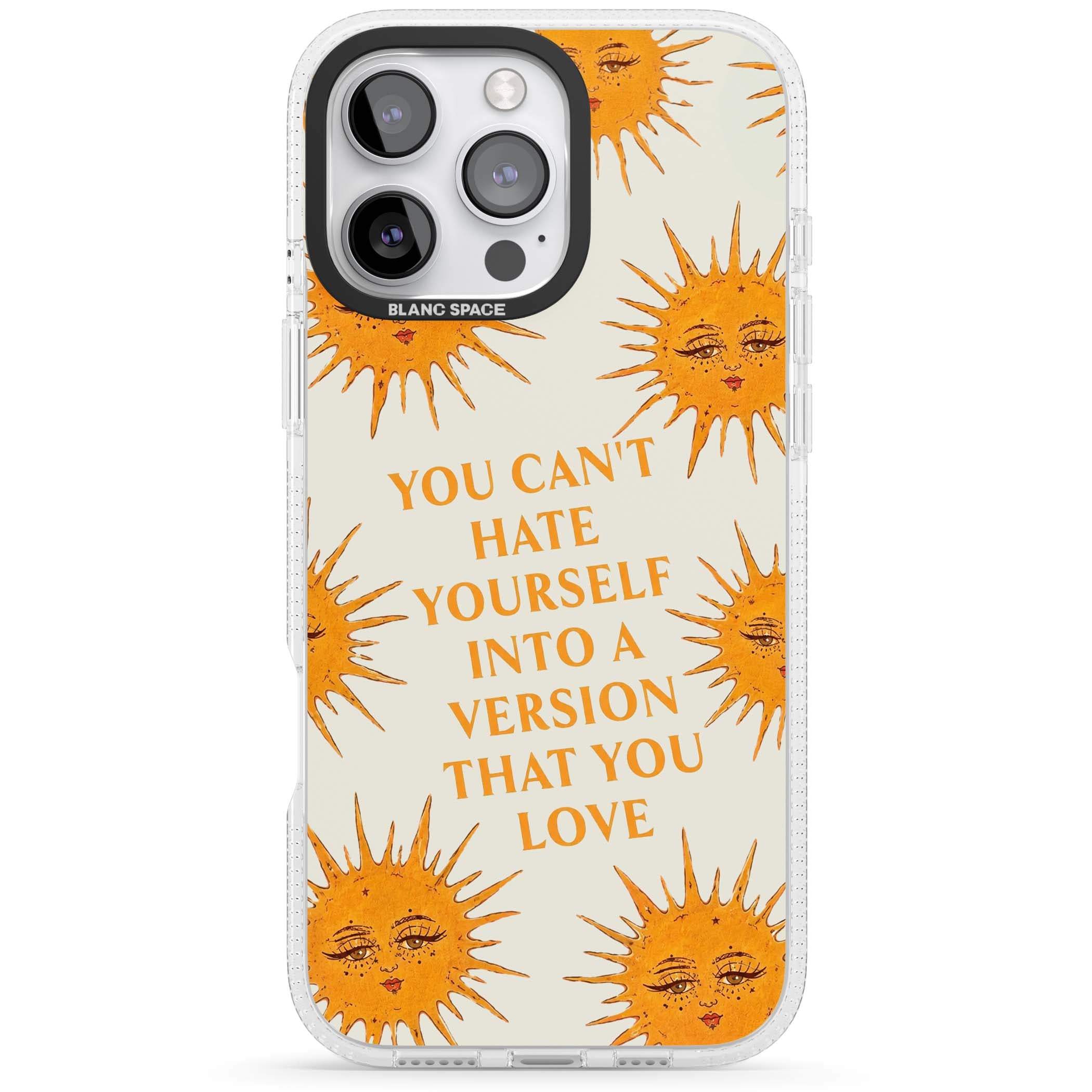 Don't Hate Yourself celestial iPhone case featuring vintage sun faces, ochre rays and a self-love quote | Clear Case Impact Air case for iPhone 16 Pro, iPhone 16 Pro Max