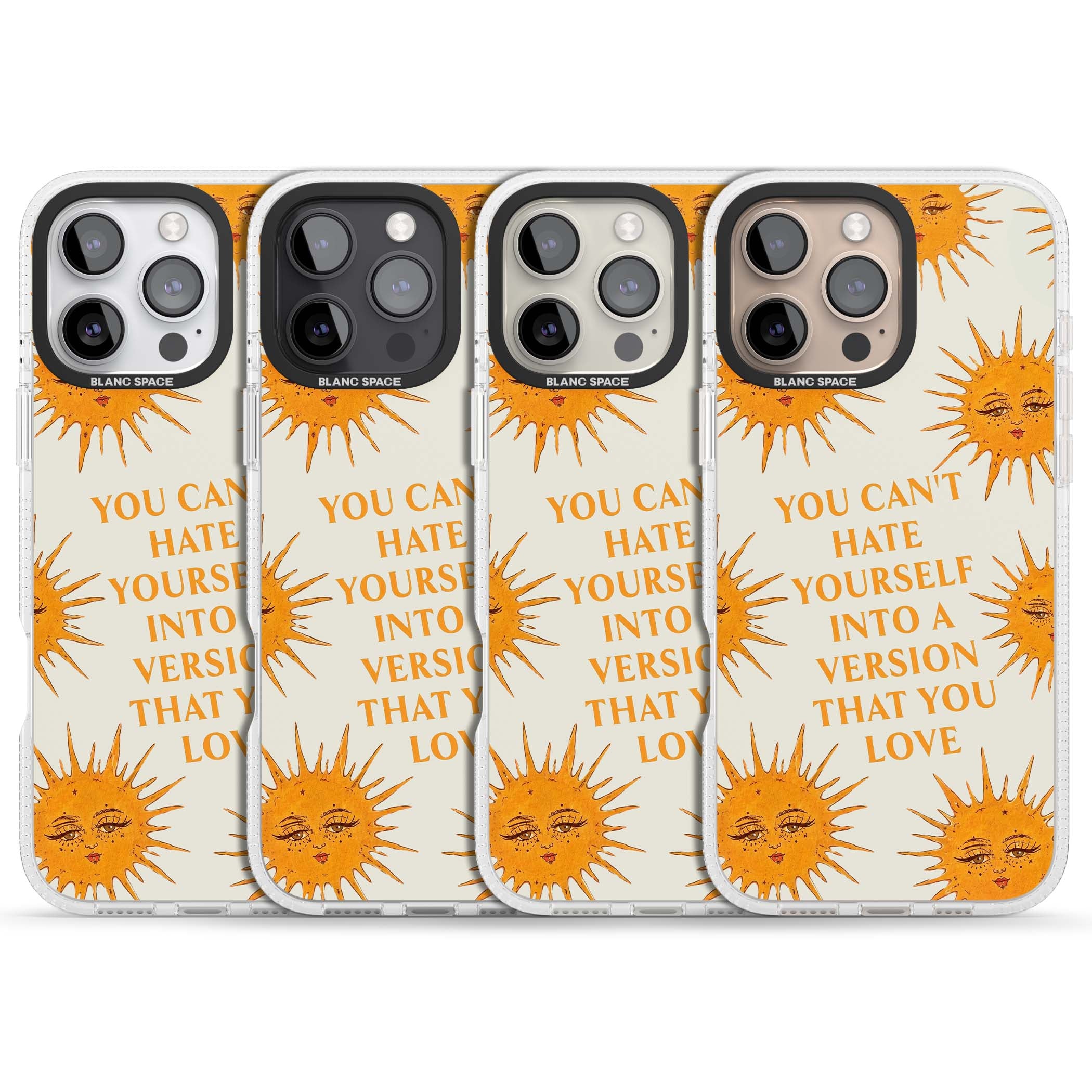 Don't Hate Yourself celestial iPhone case featuring vintage sun faces, ochre rays and a self-love quote | Clear Case Impact Air case for iPhone 16 Pro, iPhone 16 Pro Max