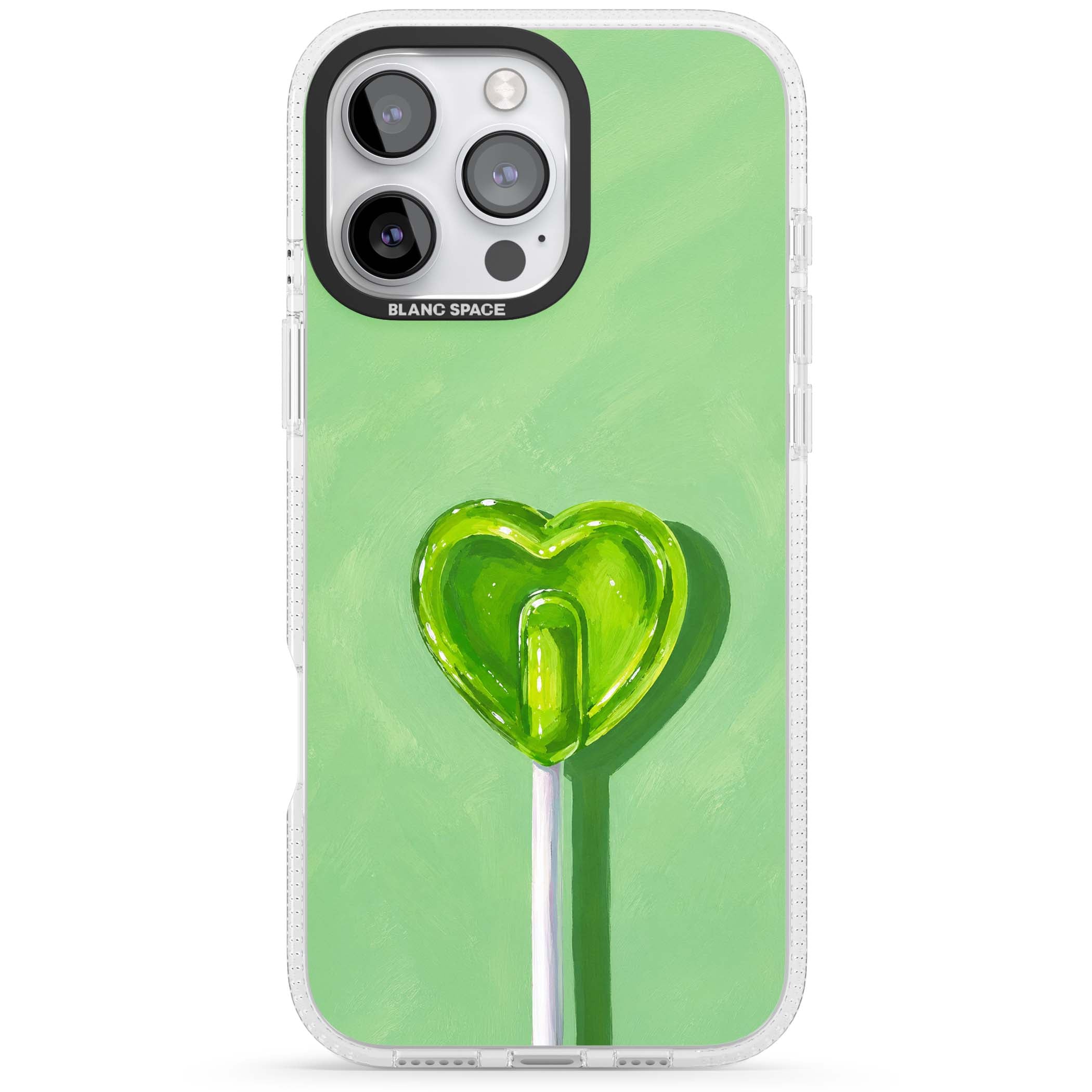 Green Lollipop candy art iPhone case featuring a glossy green heart-shaped lollipop on a painted pastel green background | Clear Case Impact Air case for iPhone 16 Pro, iPhone 16 Pro Max