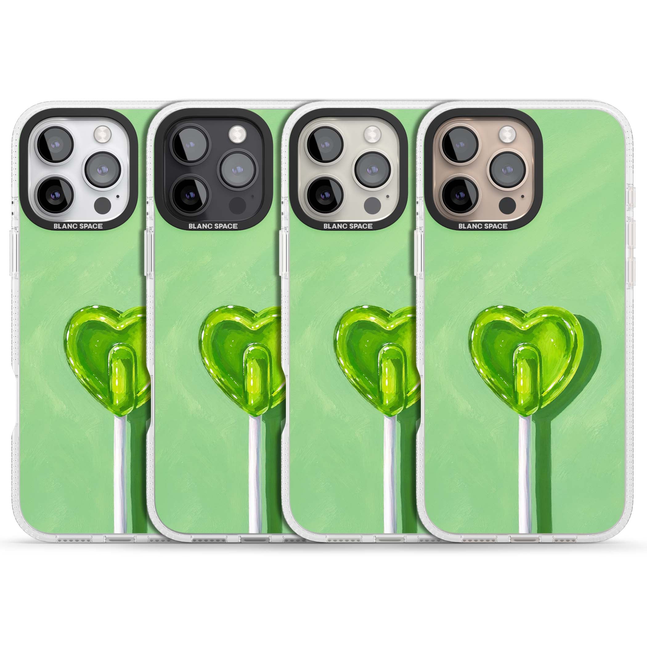 Green Lollipop candy art iPhone case featuring a glossy green heart-shaped lollipop on a painted pastel green background | Clear Case Impact Air case for iPhone 16 Pro, iPhone 16 Pro Max