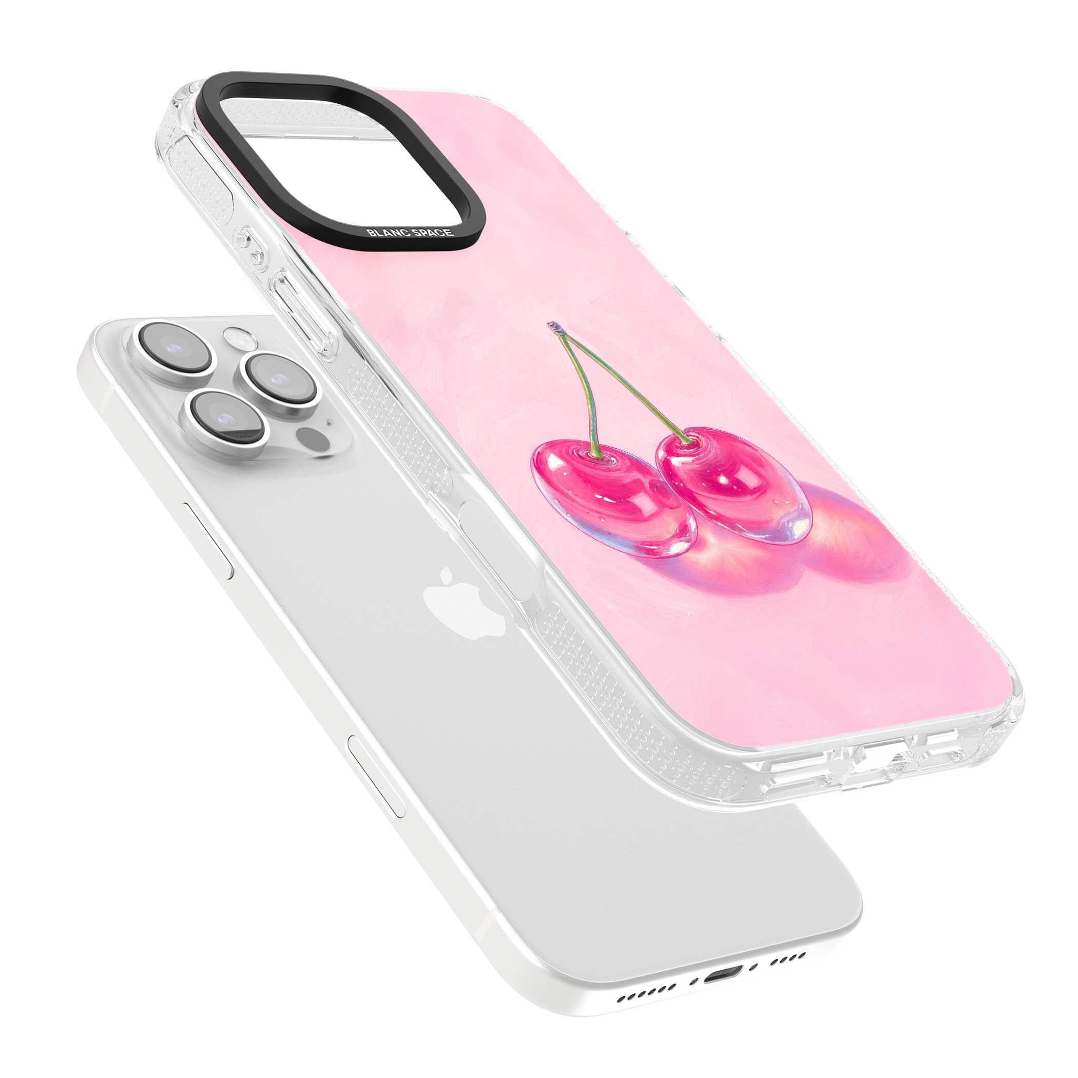 Pink Glass Cherry coquette iPhone case featuring two glossy painted cherries on a soft pink background | Clear Case Impact Air case for iPhone 16 Pro, iPhone 16 Pro Max