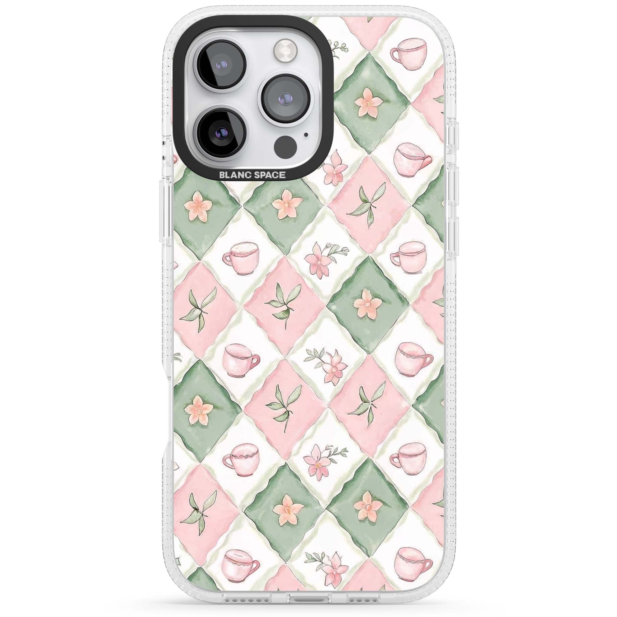 Garden Tea Party coquette iPhone case with pink and green checkered pattern, watercolour teacups and wildflowers | Clear Case Impact Air case for iPhone 16 Pro, iPhone 16 Pro Max