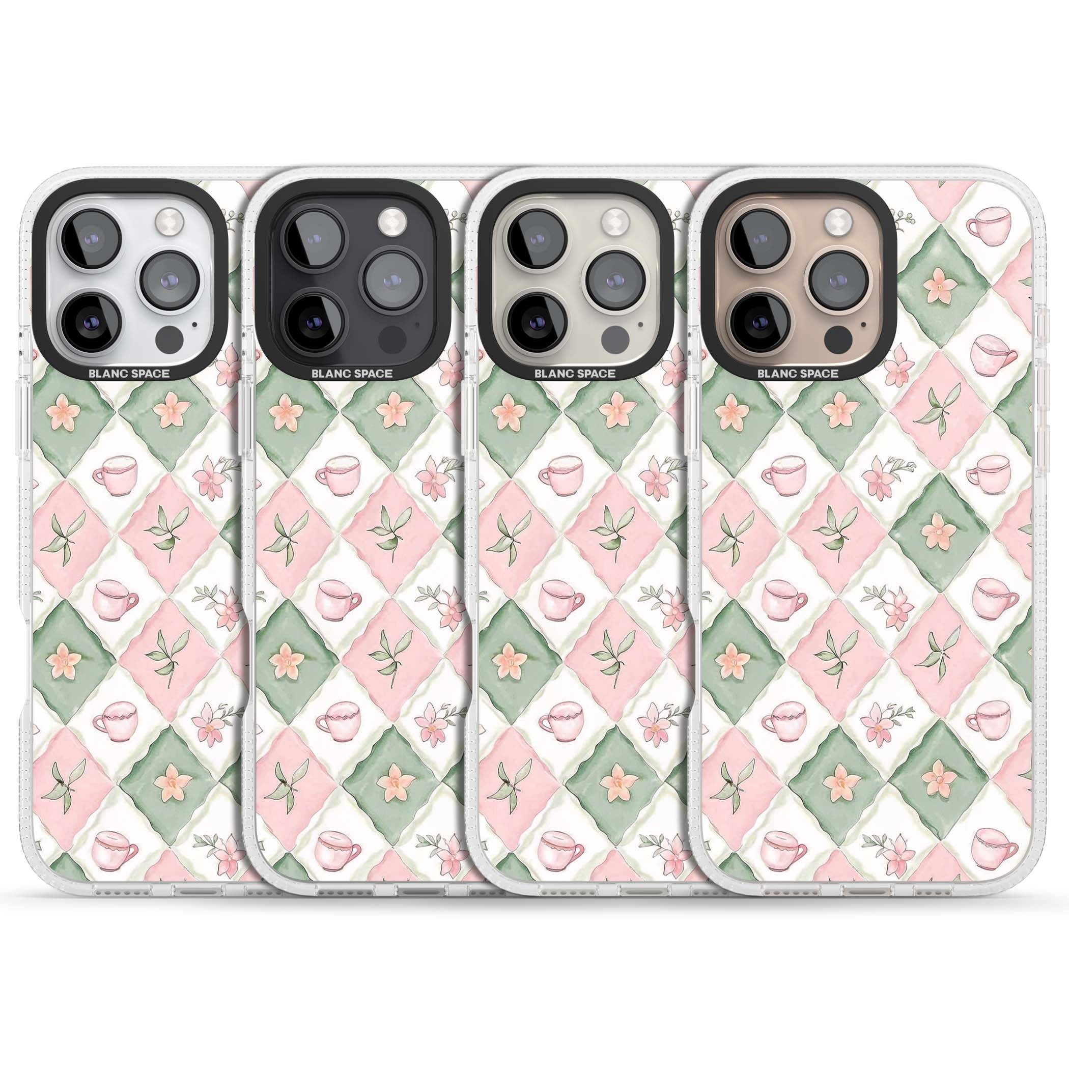 Garden Tea Party coquette iPhone case with pink and green checkered pattern, watercolour teacups and wildflowers | Clear Case Impact Air case for iPhone 16 Pro, iPhone 16 Pro Max