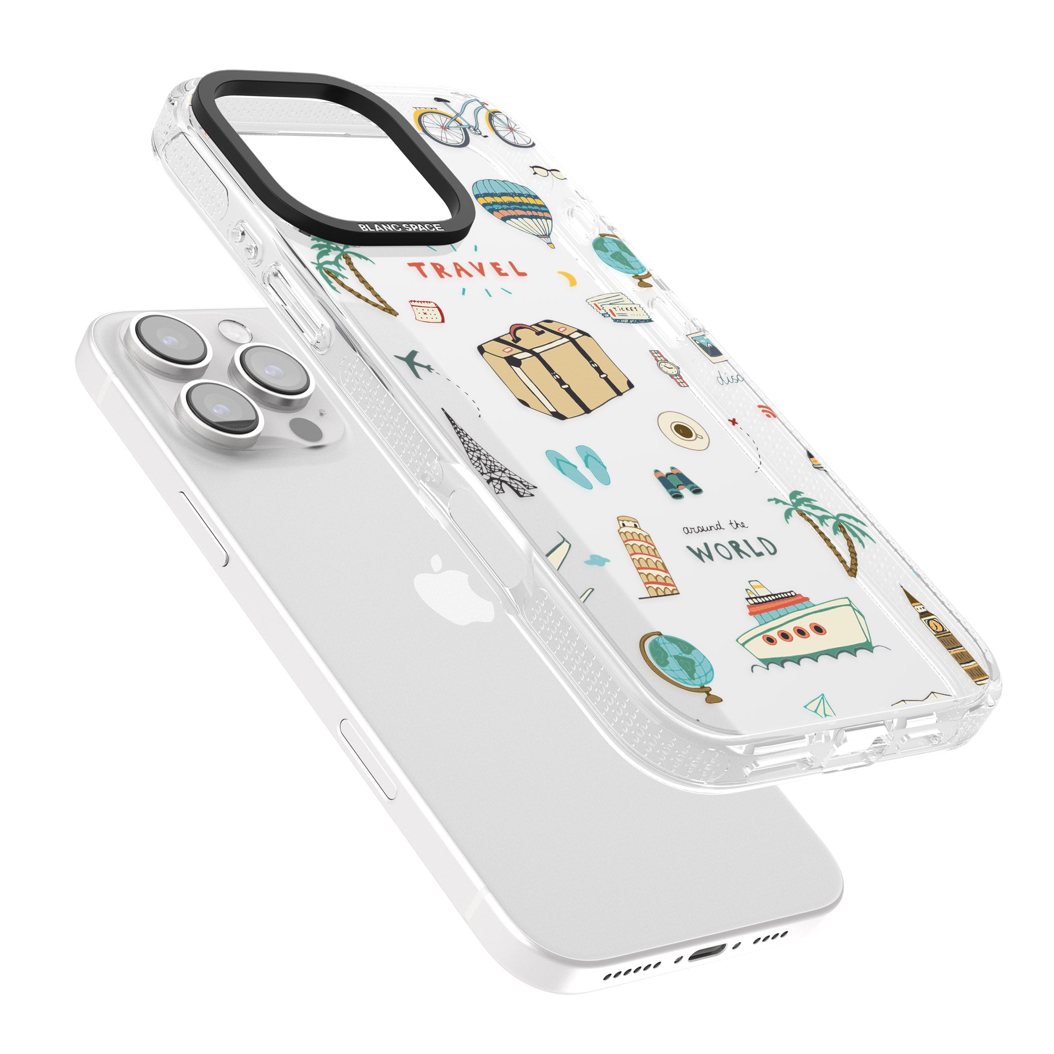 Cute Travel Pattern Transparent iPhone 16 Pro Max / 16 Pro Clear Case Impact Air - Blanc Space