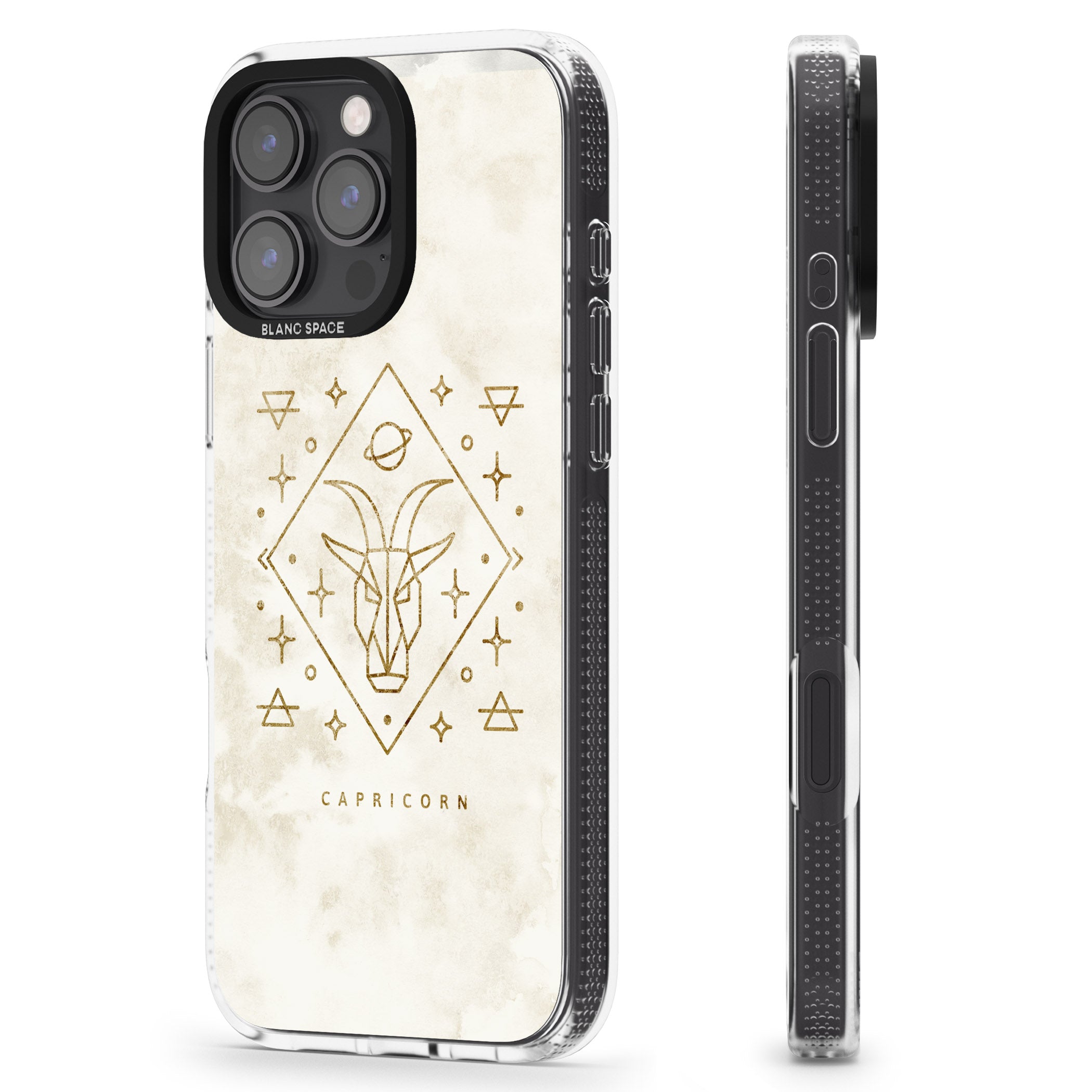 Capricorn Emblem - Solid Gold Marbled Design iPhone 16 Pro Max / 16 Pro Clear Case Impact Air - Blanc Space